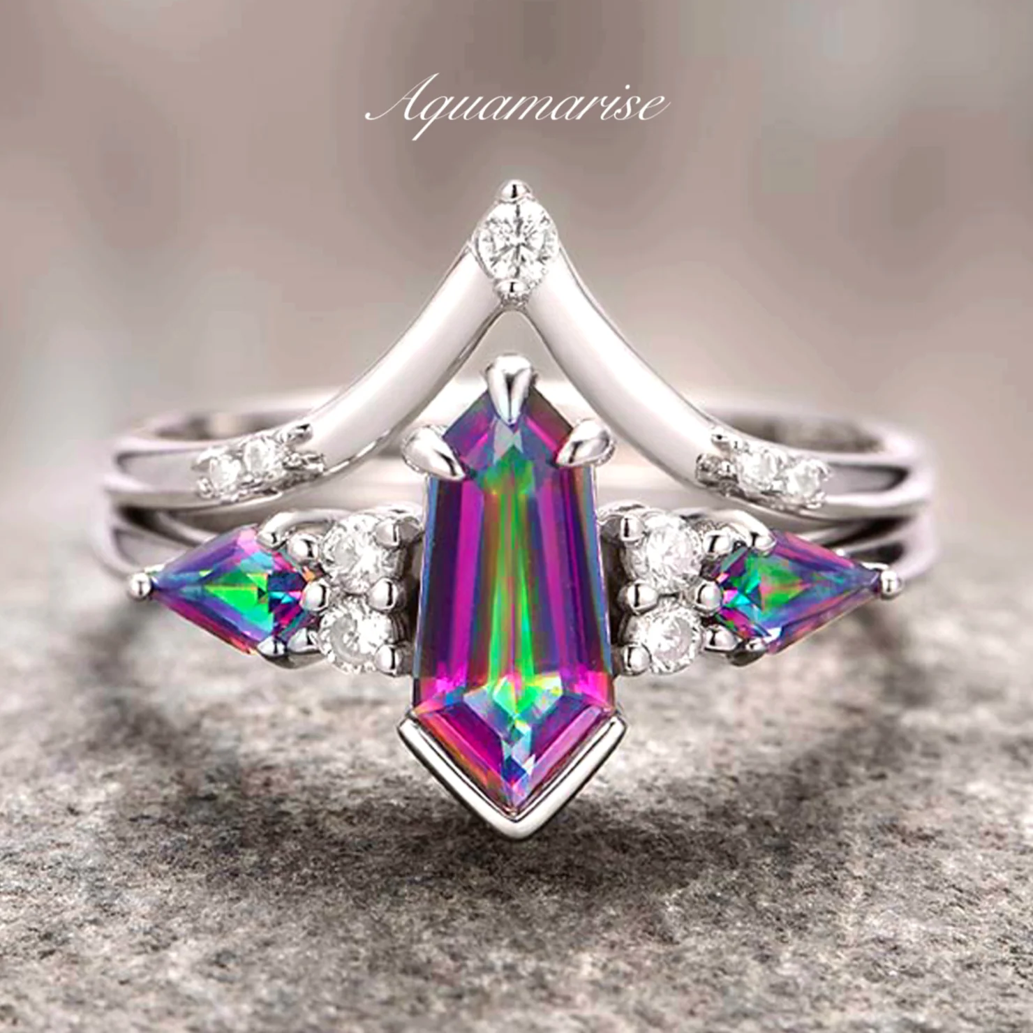 Hexagon Kite Mystic Topaz Engagement Ring Set in 14K White Gold - Image 5