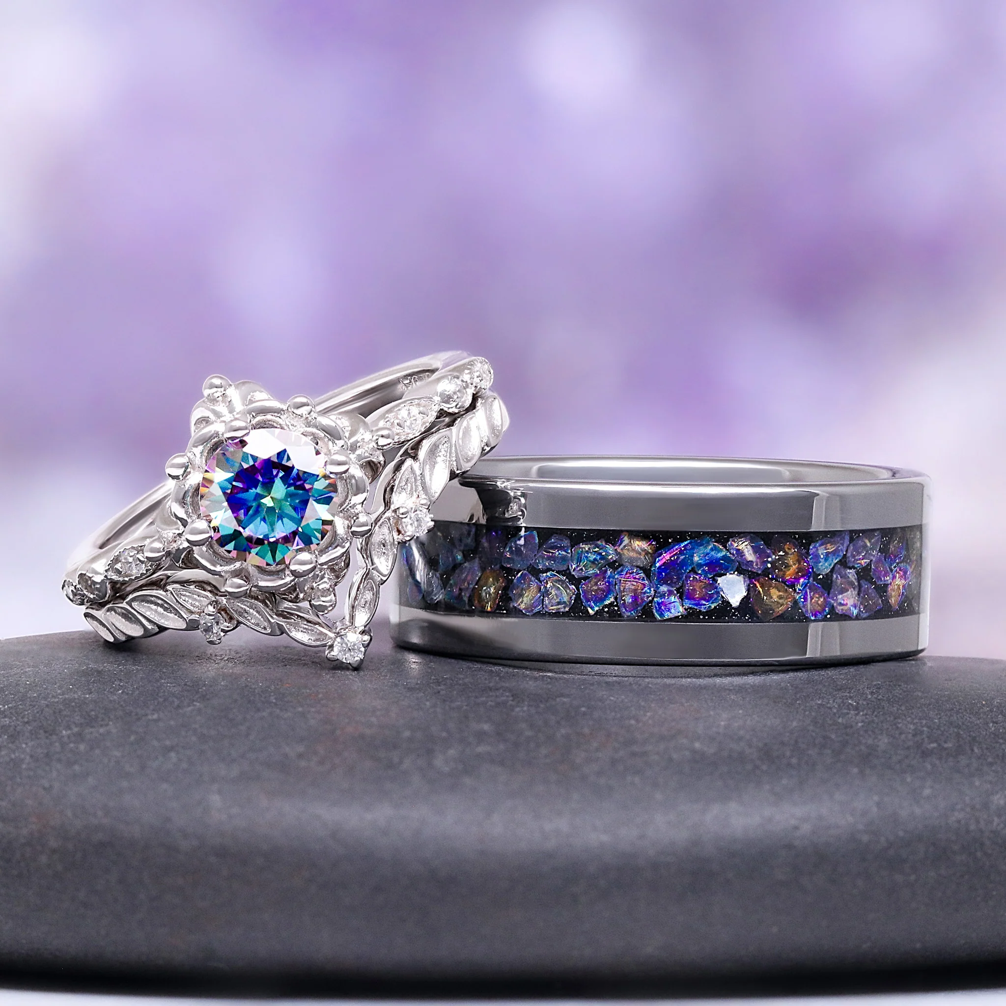Mystical Fairy Rainbow Moissanite Couples Ring Set