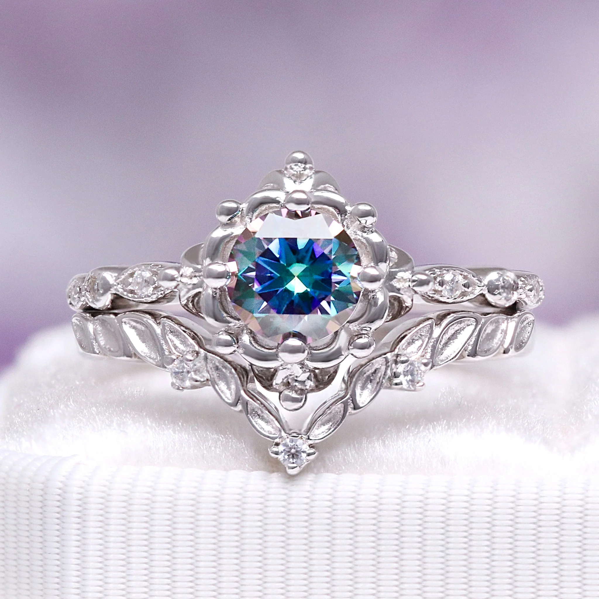 Mystical Fairy Rainbow Moissanite Couples Ring Set - Image 4