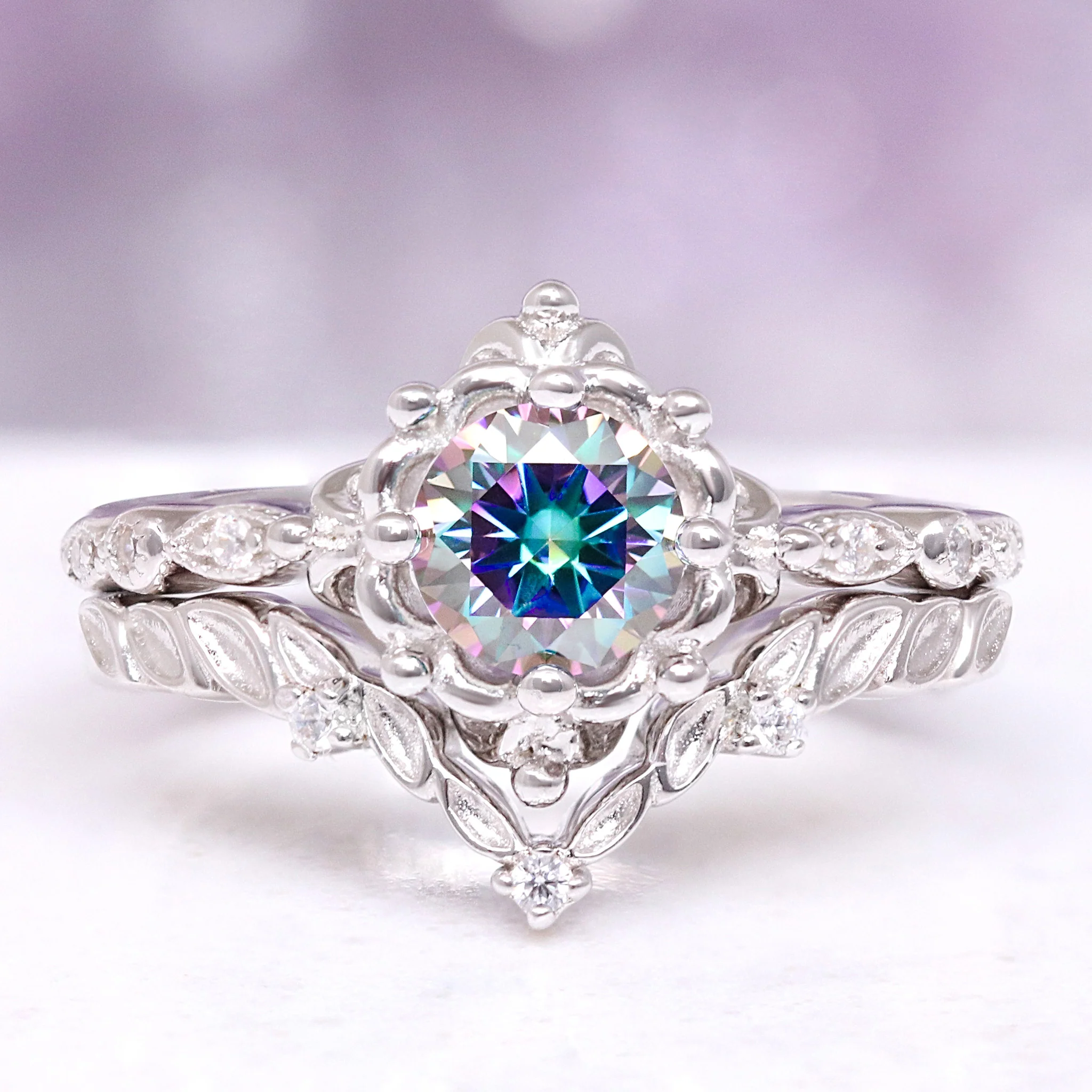 Mystical Fairy Rainbow Moissanite Couples Ring Set - Image 5