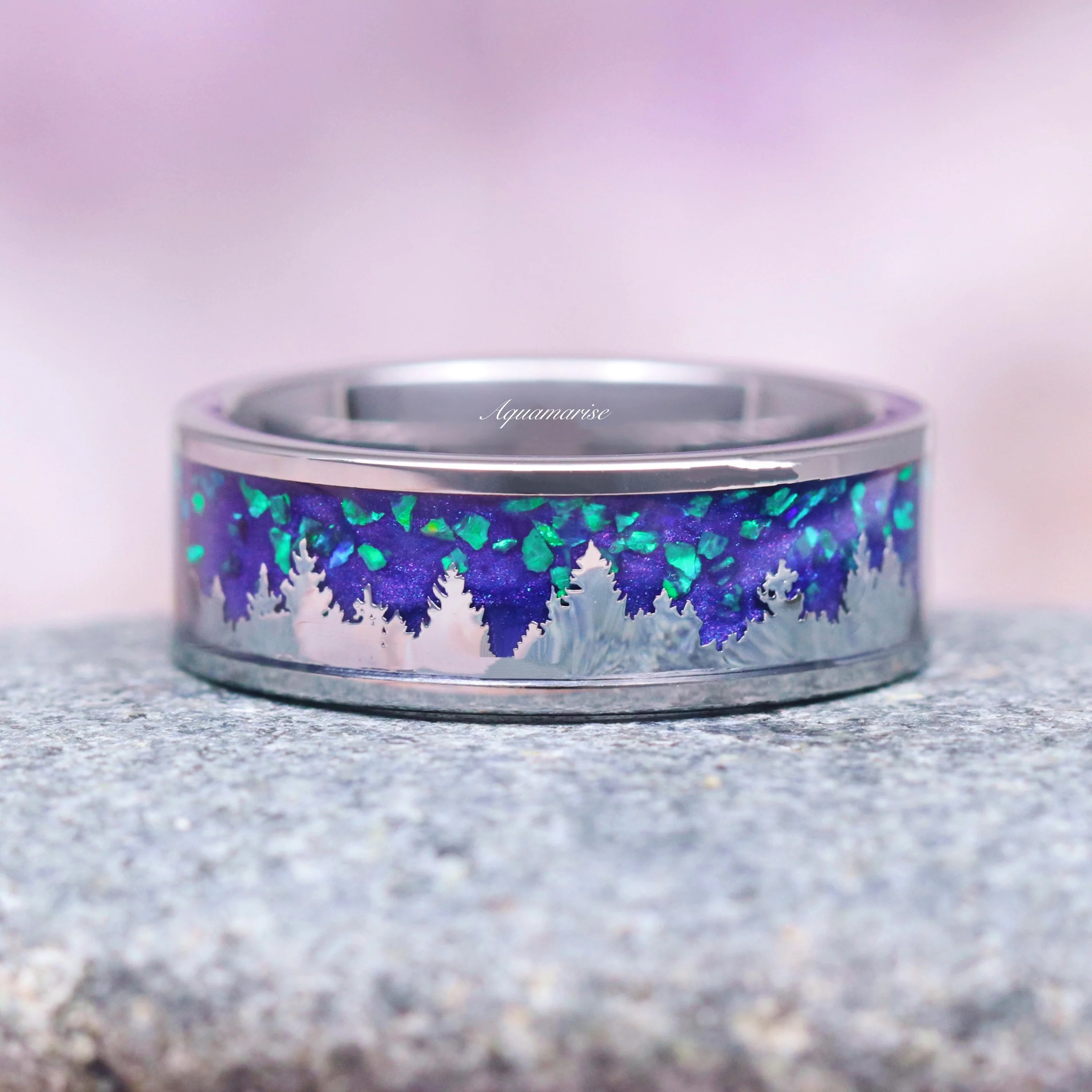 Borealis Forest & Teal Sapphire Couples Ring Set- Northern Lights & Trees - Image 3