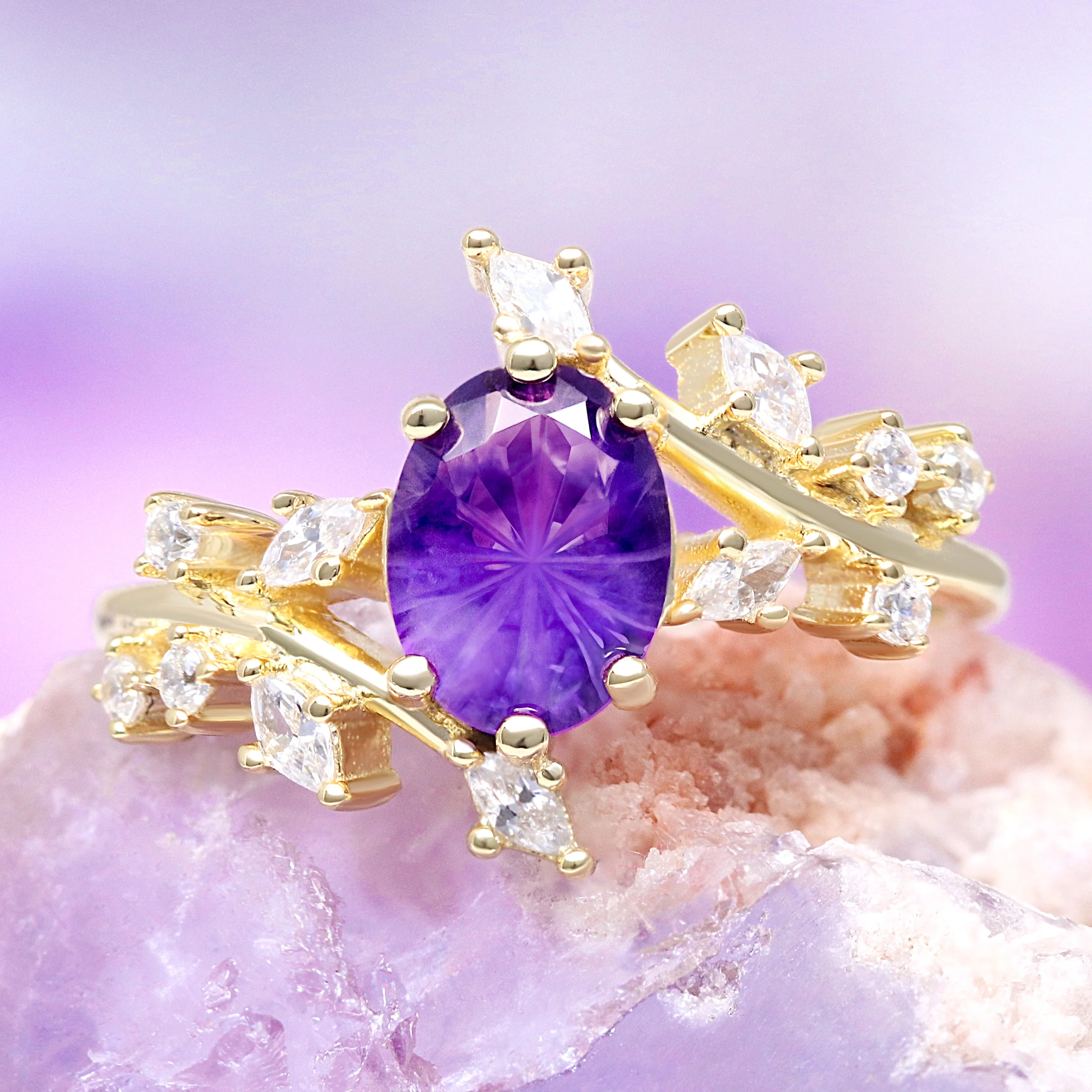 Amethyst and Galaxy Fire Opal Leaf Couples Ring Set - Image 2