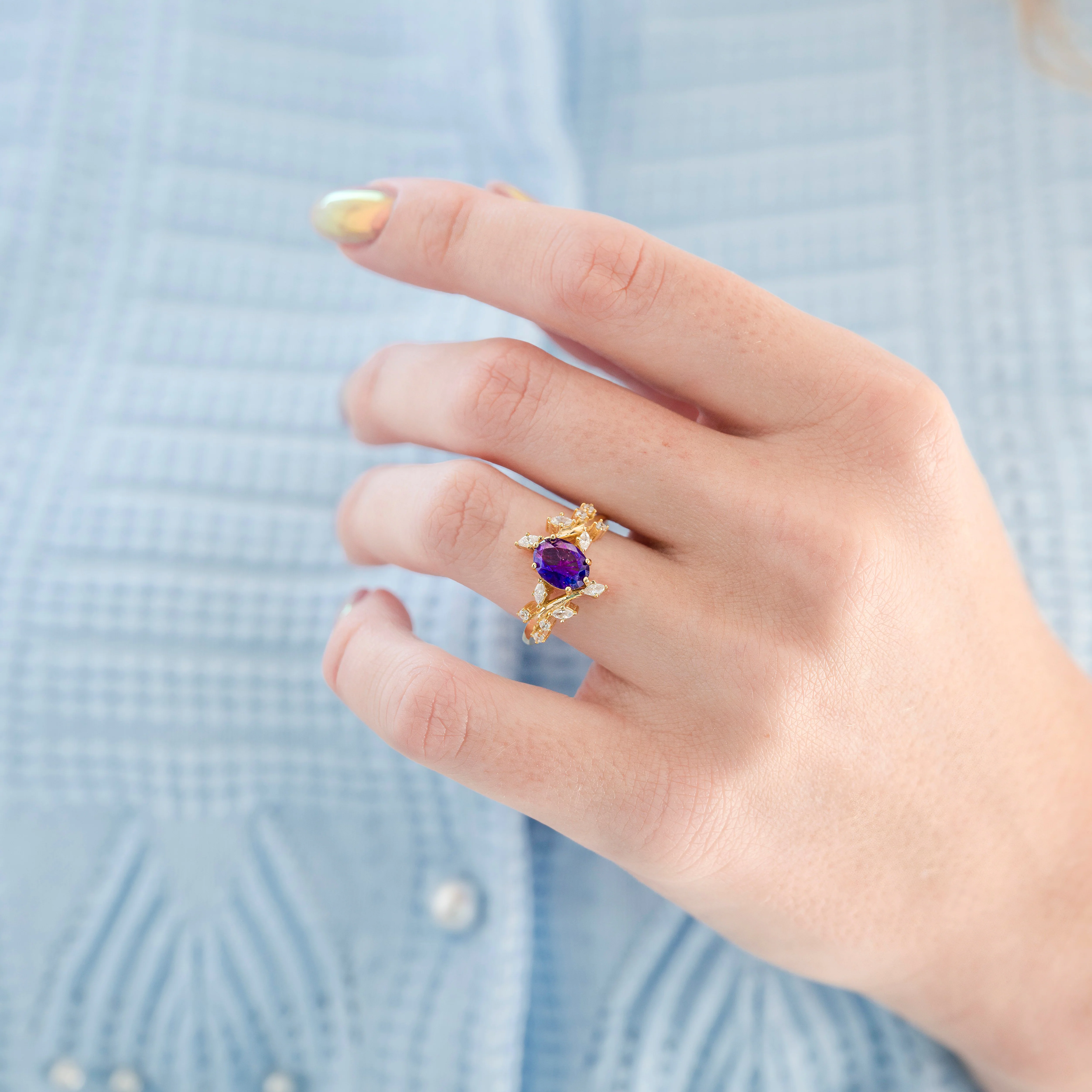 Amethyst and Galaxy Fire Opal Leaf Couples Ring Set - Image 4