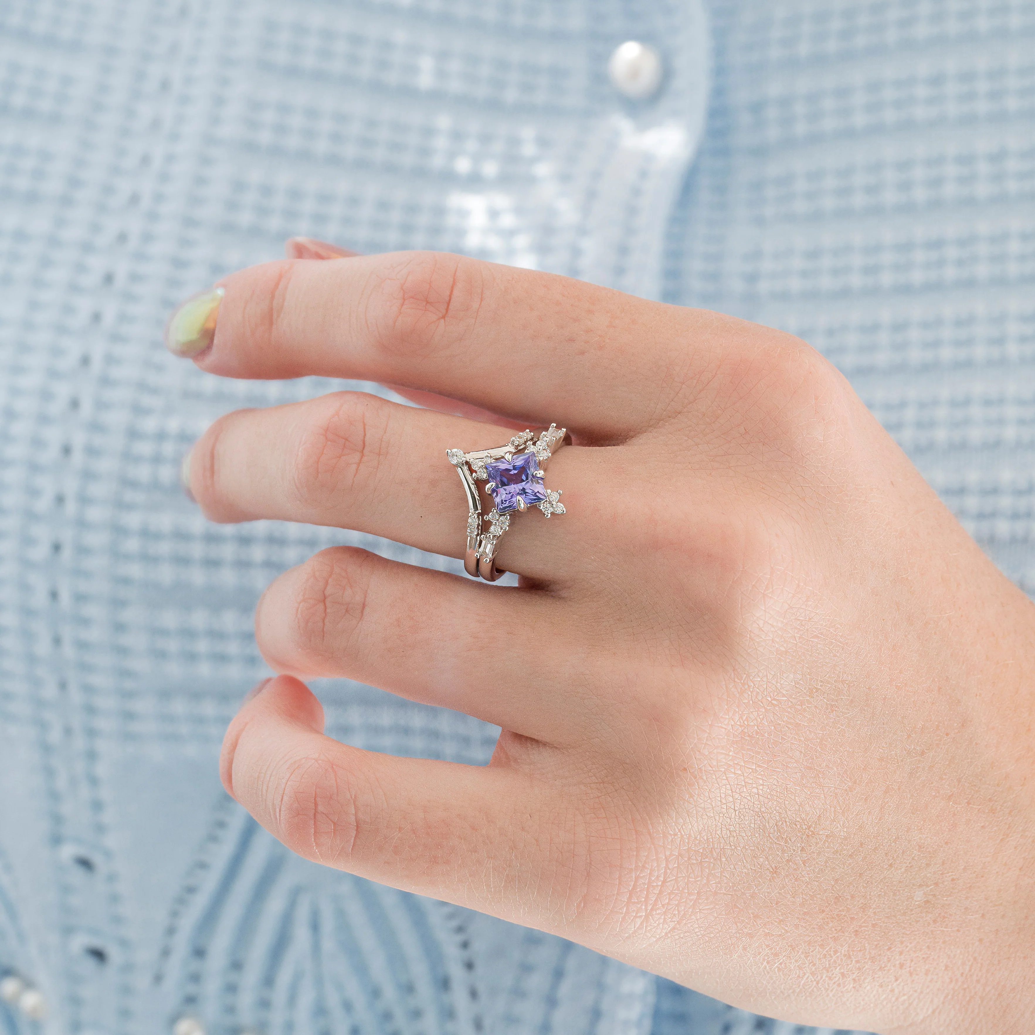 Natural Princess Cut Amethyst Ring Set in Sterling Silver - Image 3