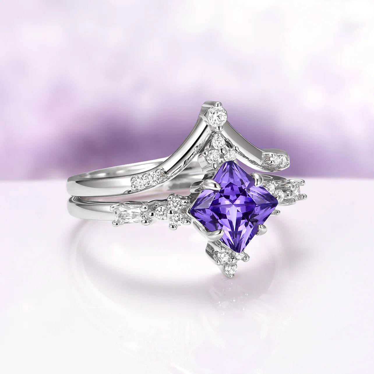 Natural Princess Cut Amethyst Ring Set in Sterling Silver - Image 4