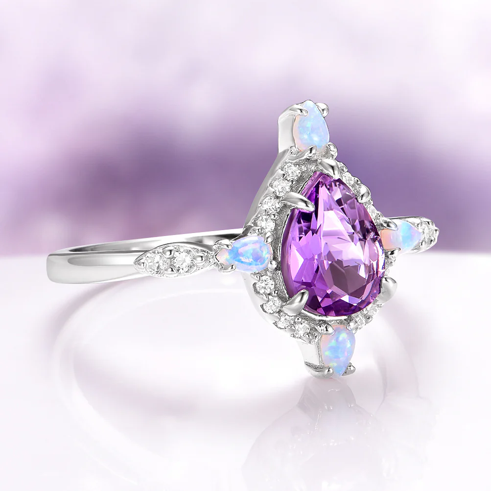 Natural Amethyst & Fire Opal Engagement Ring in 14K White Gold - Image 5