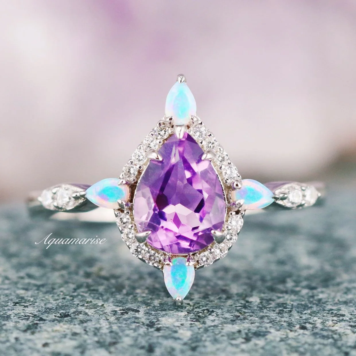 Natural Amethyst & Fire Opal Engagement Ring in 14K White Gold - Image 6