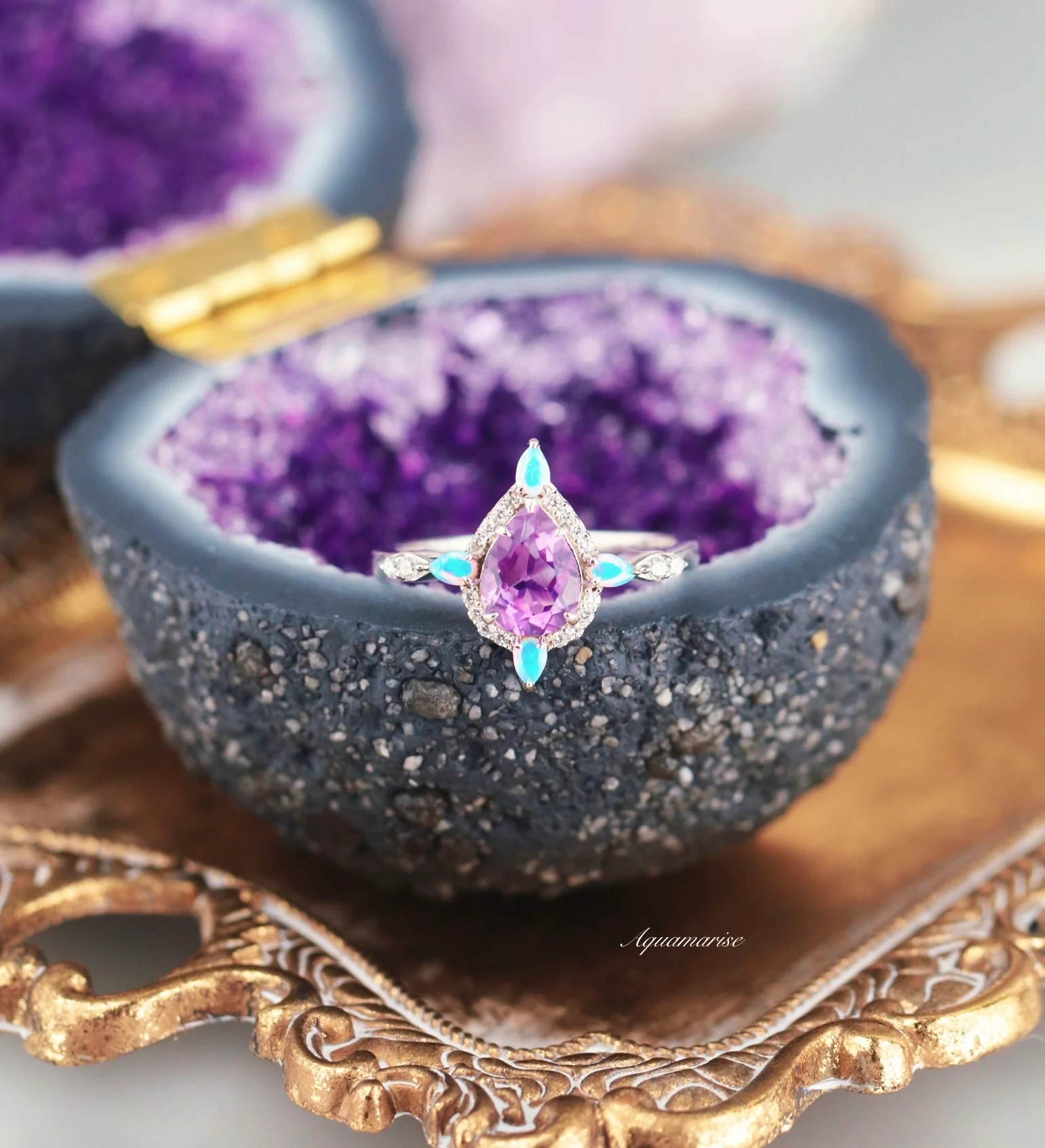 Amethyst & Galaxy Fire Opal Couples Ring Set - Image 5