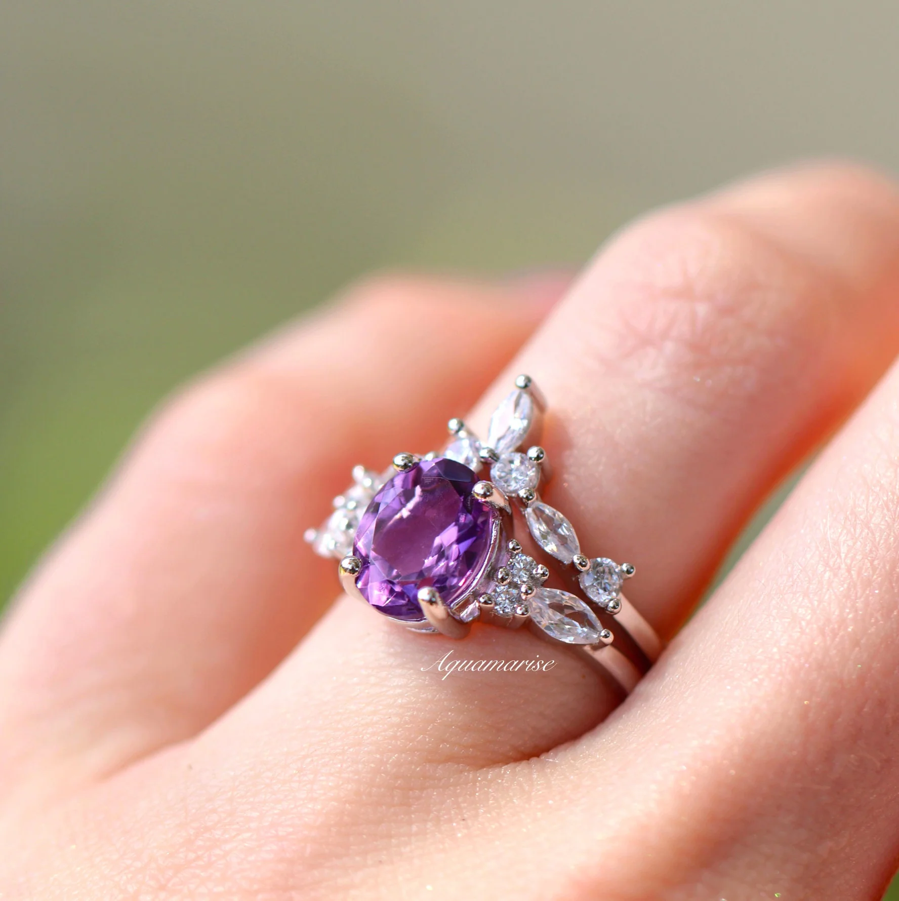 Evelyn Natural Amethyst Bridal Ring Set in Sterling Silver - Image 3