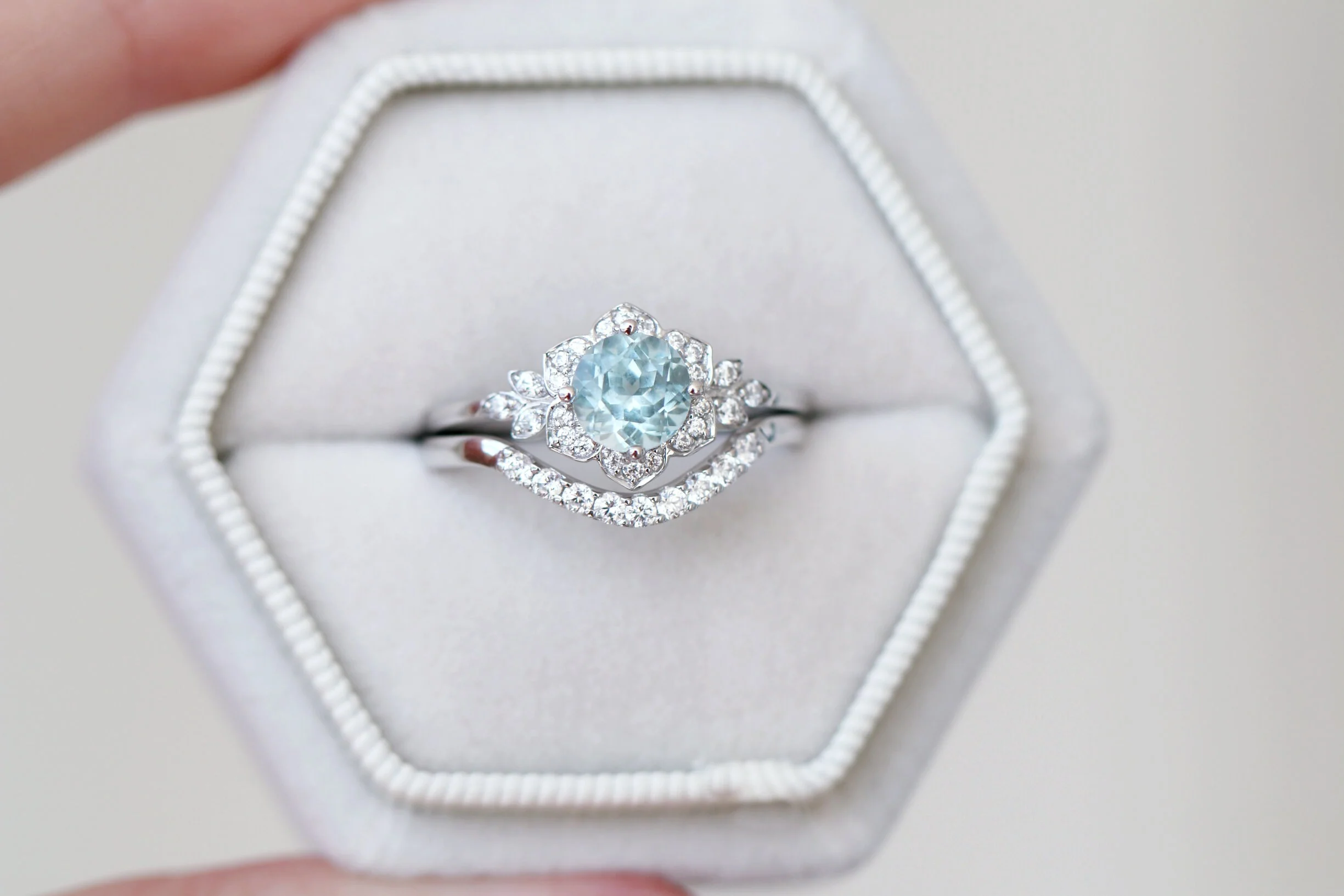 Jasmine Round Cut Aquamarine Flower Ring Set in Sterling Silver - Image 2