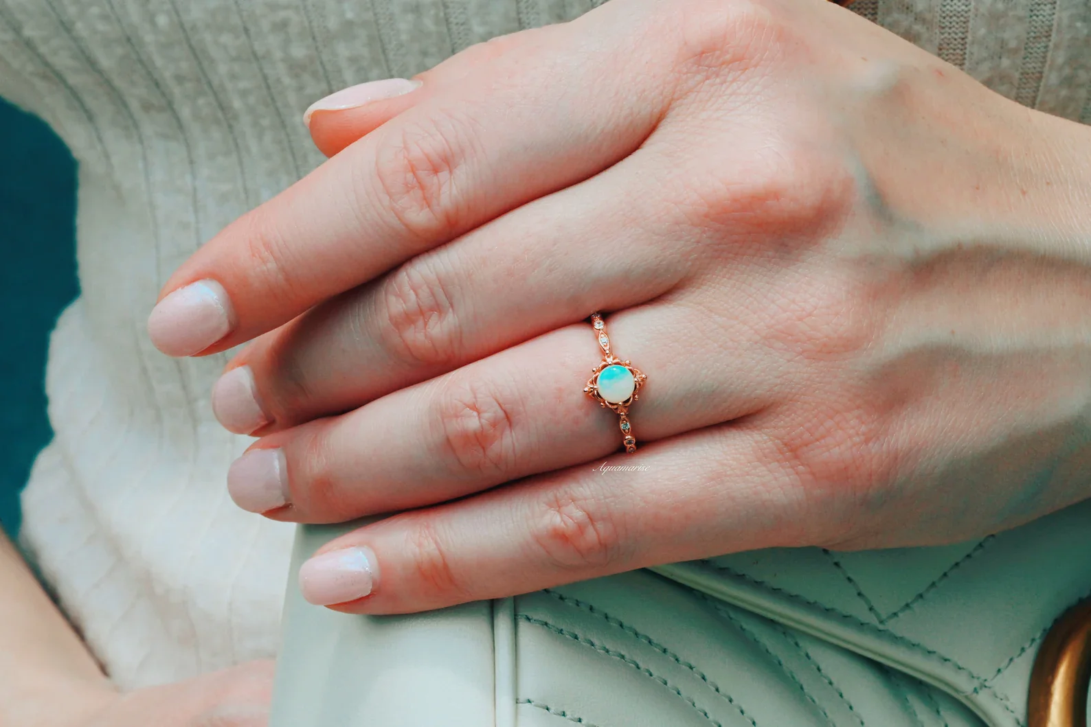Natural Australian Opal Engagement Ring in 14K Rose Gold Vermeil - Image 3