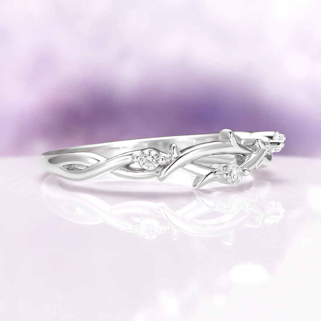 Whimsical Diamond Leaf Twig Wedding Band in 14K White Gold - Image 4