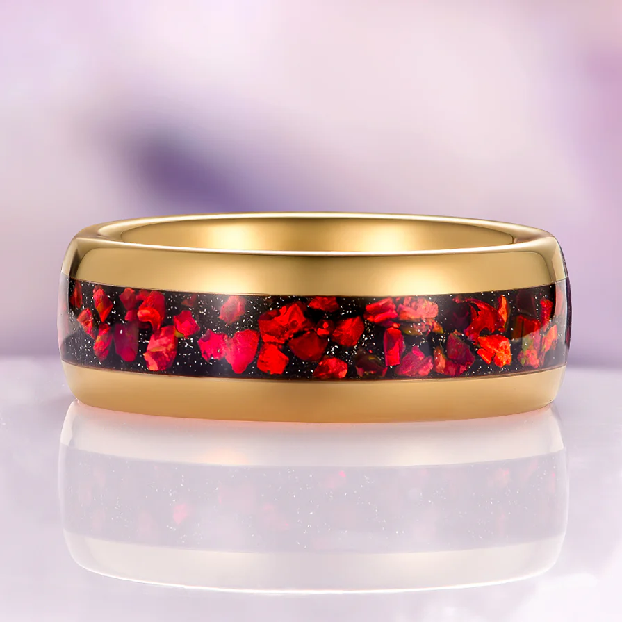 Galaxy Red Fire Opal Wedding Band in Gold Tungsten Carbide (8mm) - Image 5