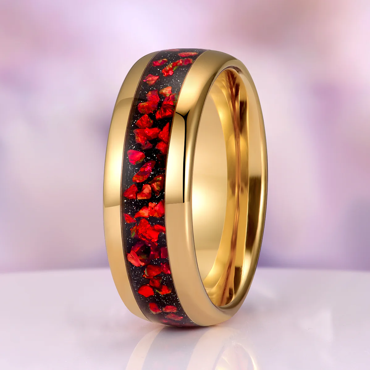 Galaxy Red Fire Opal Wedding Band in Gold Tungsten Carbide (8mm)