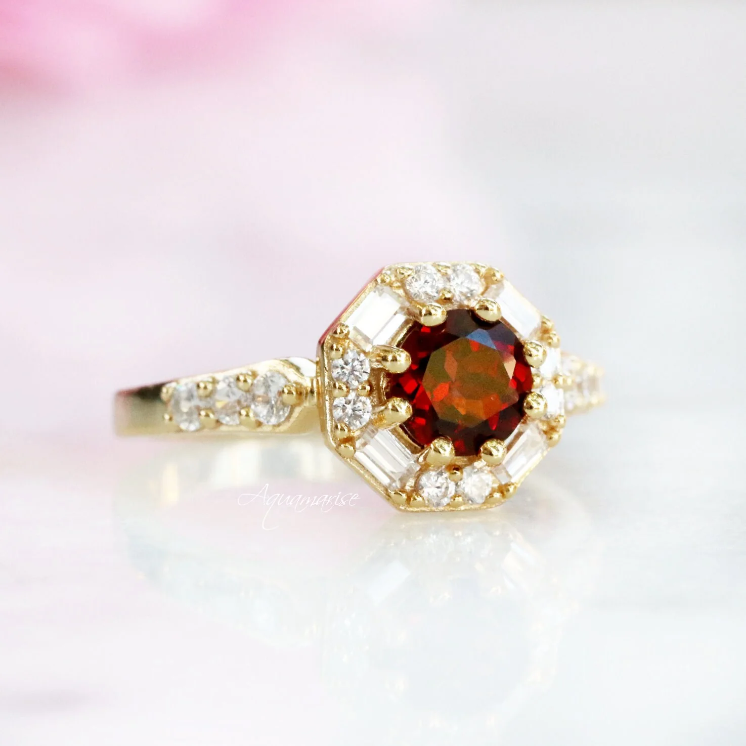 Hexagon Garnet Ring- 14K Yellow Gold Vermeil - Image 5
