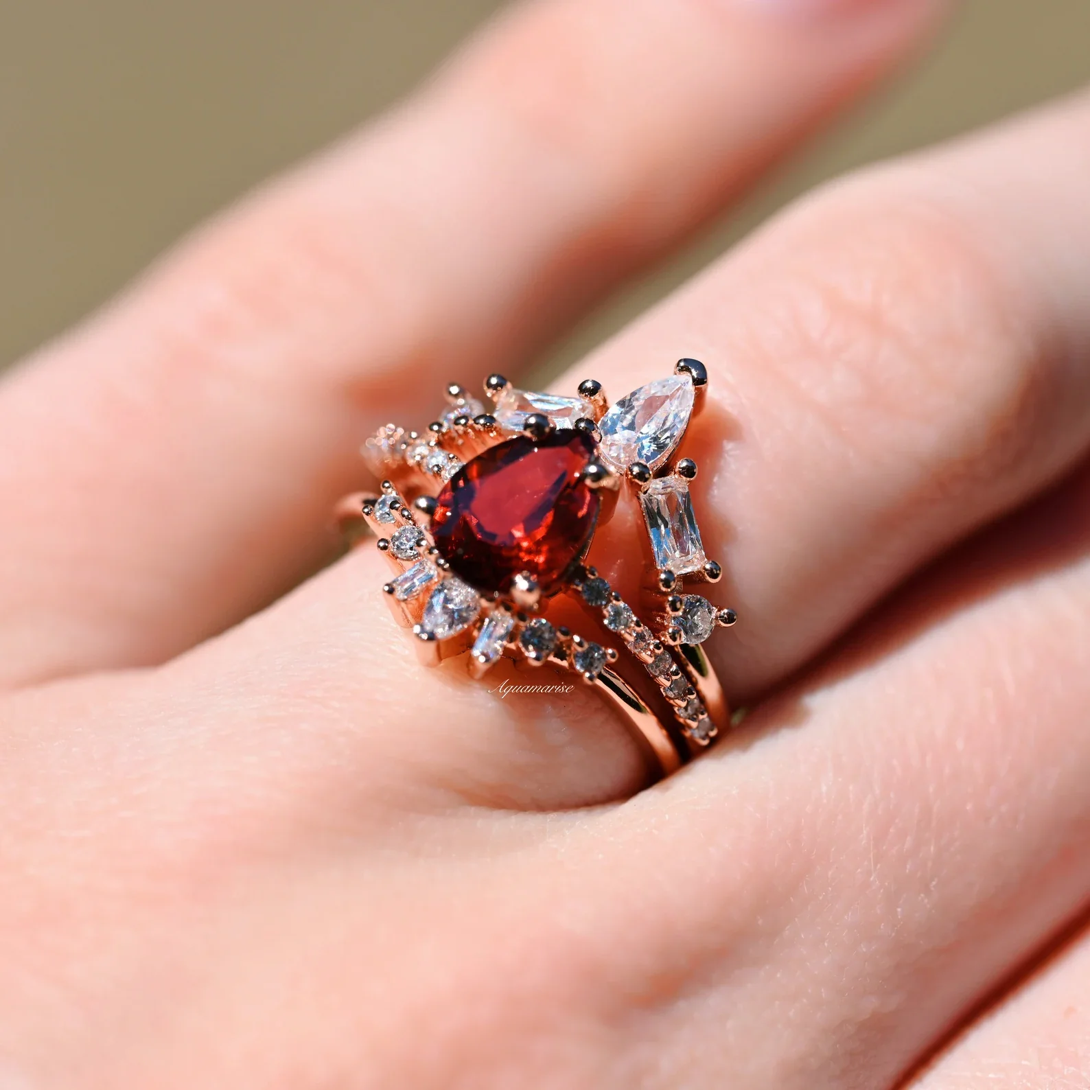 Natural Garnet 3pcs Ring Set- 14K Rose Gold Vermeil - Image 4