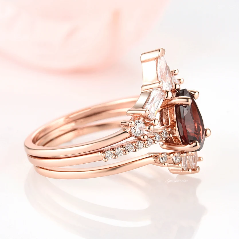 Natural Garnet 3pcs Ring Set- 14K Rose Gold Vermeil - Image 6