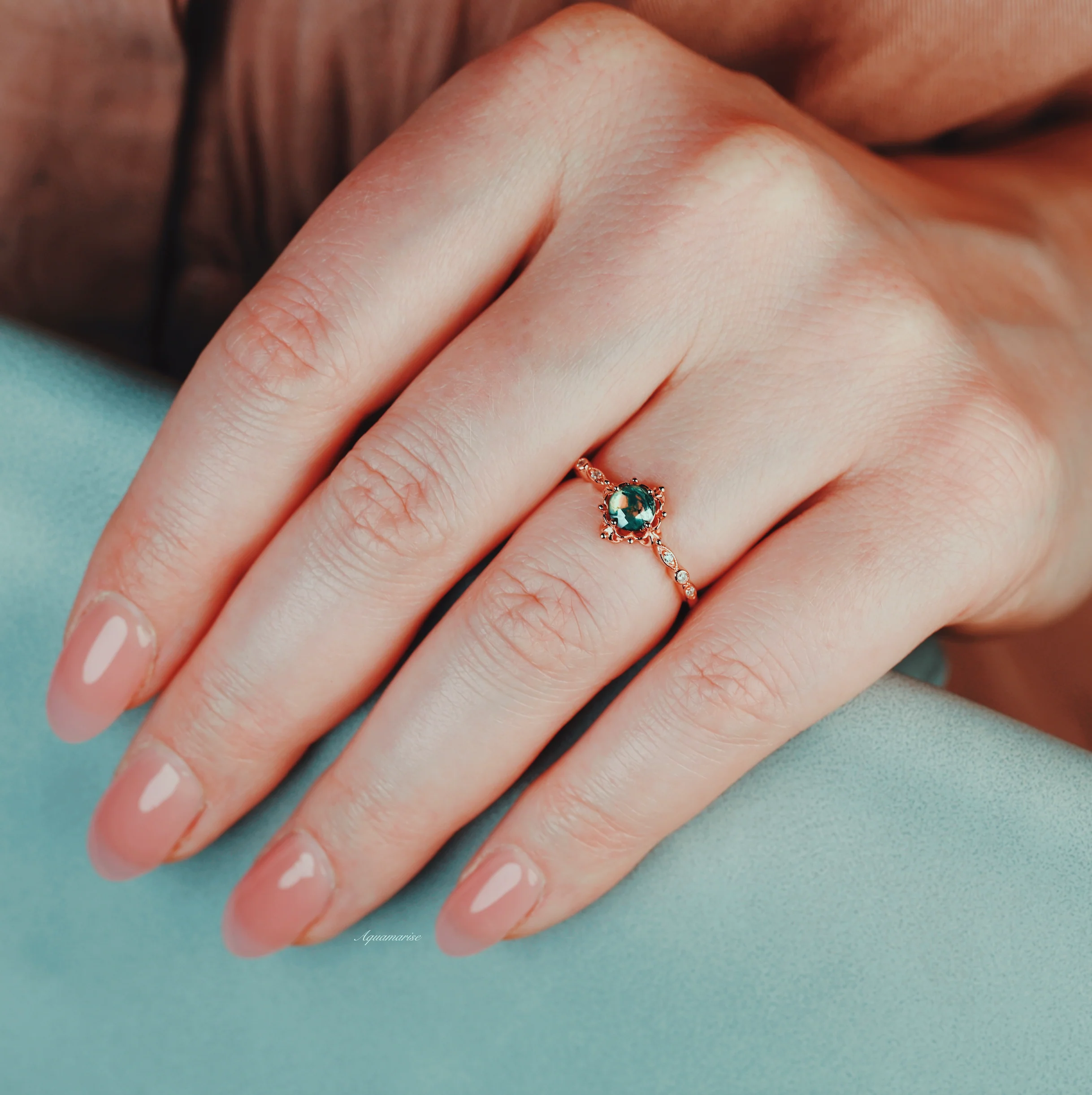 Vintage Green Moss Agate Engagement Ring in 14K Rose Gold Vermeil - Image 3