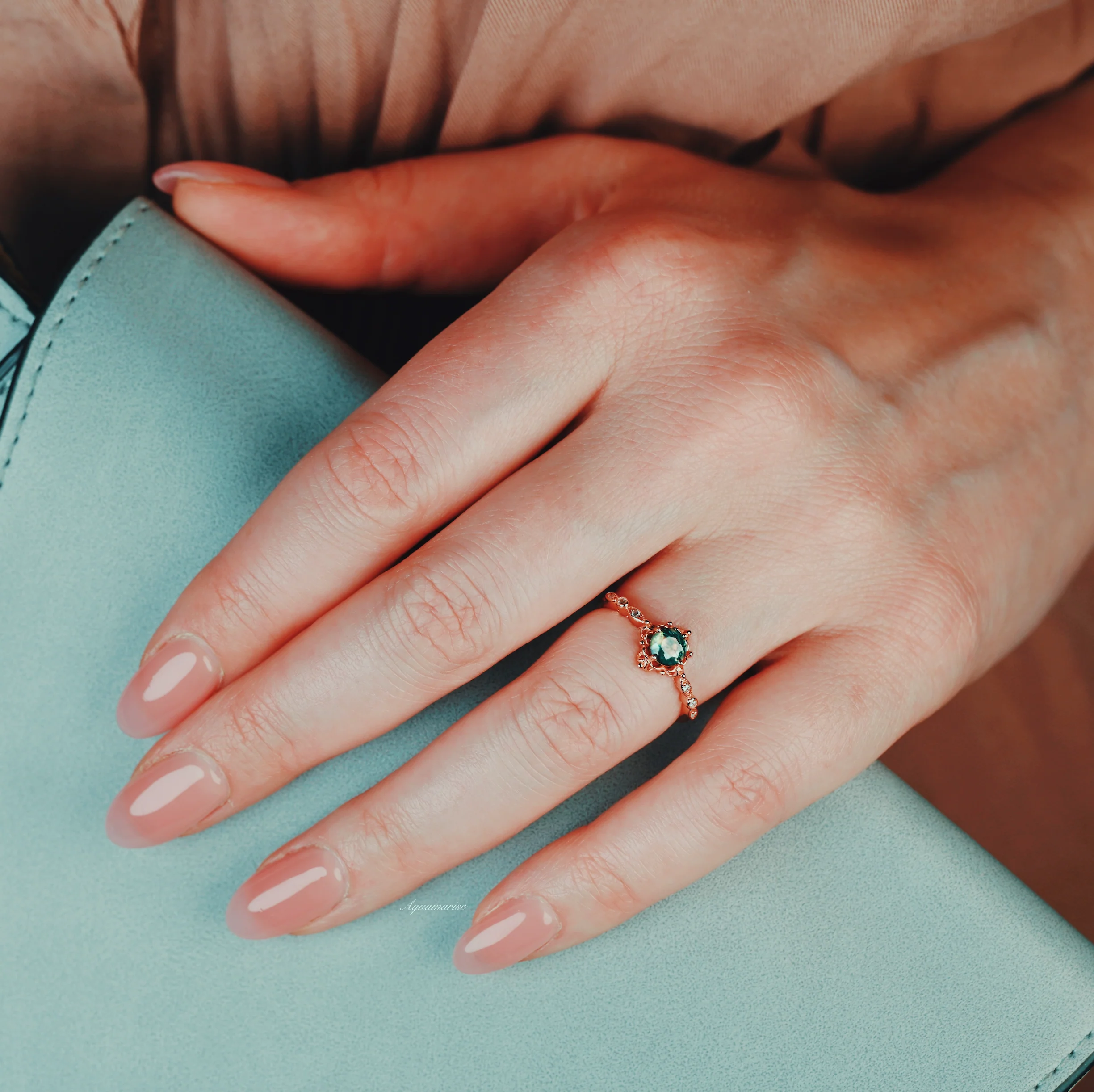 Vintage Green Moss Agate Engagement Ring in 14K Rose Gold Vermeil - Image 4