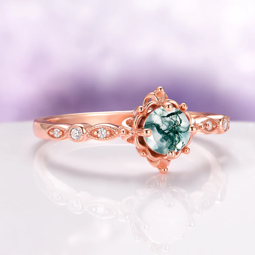 Vintage Green Moss Agate Engagement Ring in 14K Rose Gold Vermeil - Image 6