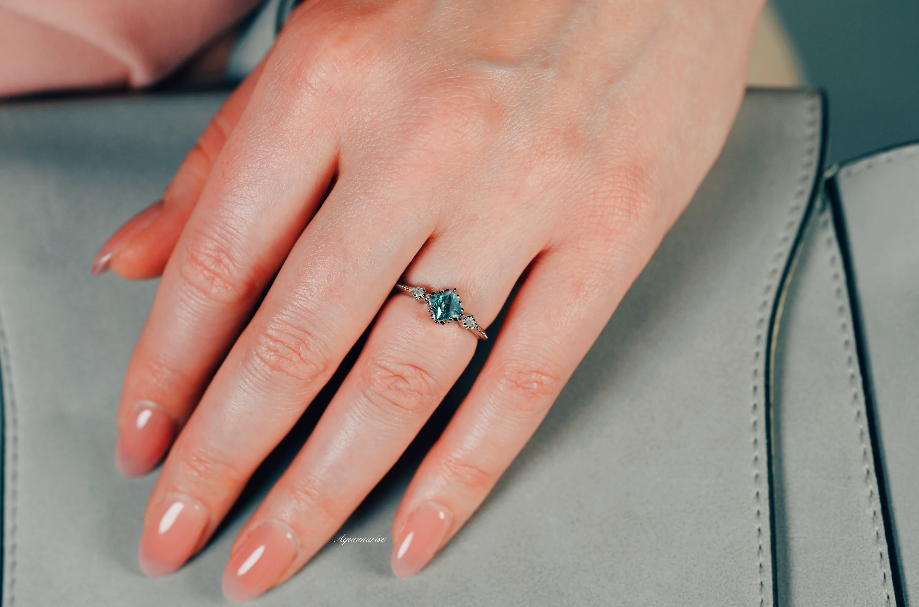 Princess Cut Green Moss Agate Ring in Sterling Silver - Image 4