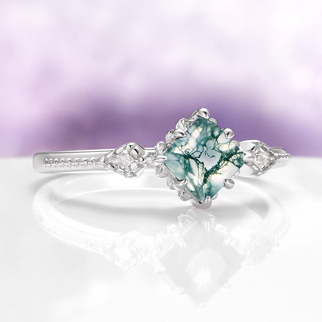 Princess Cut Green Moss Agate Ring in Sterling Silver - Image 7