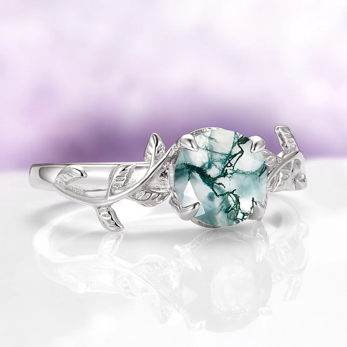Natural Green Moss Agate Leaf Ring in Sterling Silver - Image 5