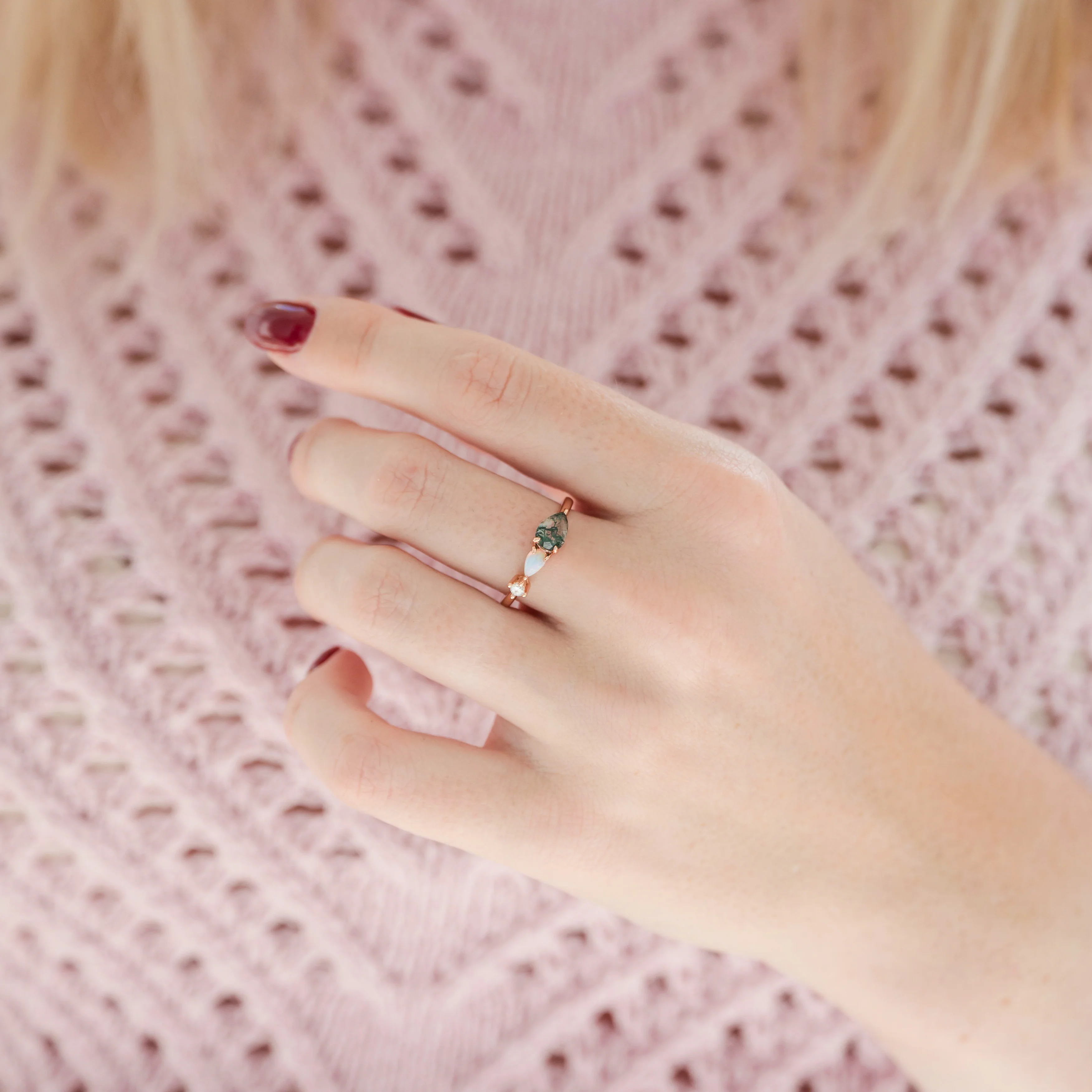 Green Moss Agate & Natural Australian Opal Ring in 14K Rose Gold Vermeil - Image 2