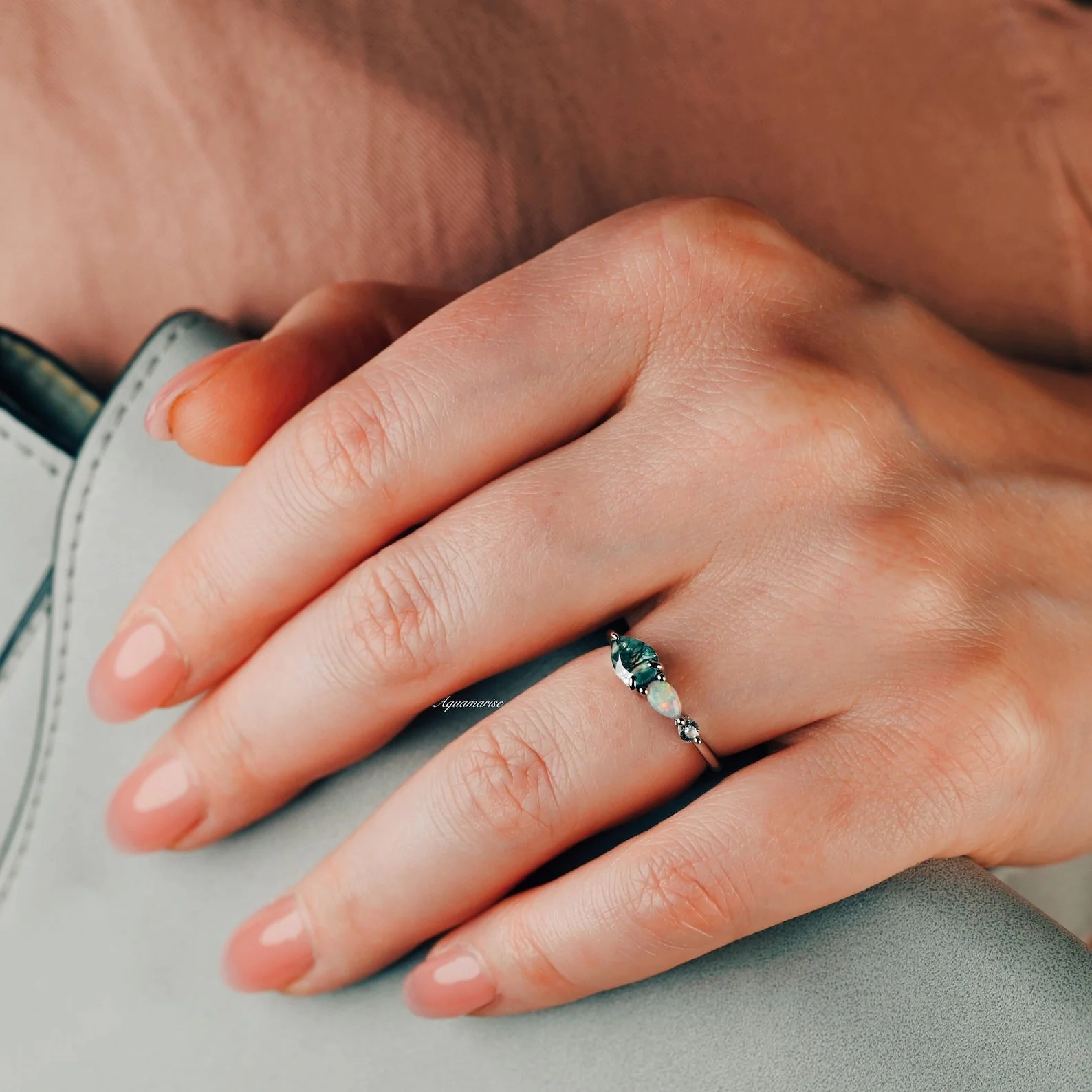 Green Moss Agate & Natural Australian Opal Ring in 14K Rose Gold Vermeil - Image 3