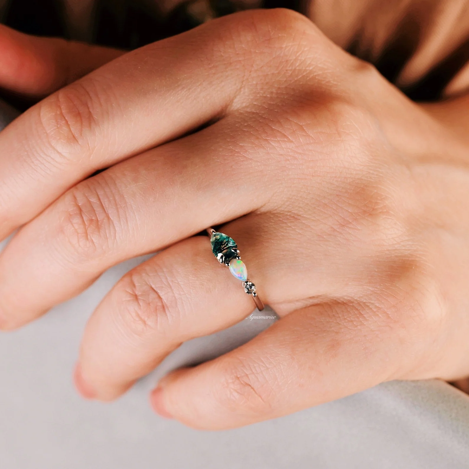 Green Moss Agate & Natural Australian Opal Ring in 14K Rose Gold Vermeil - Image 5
