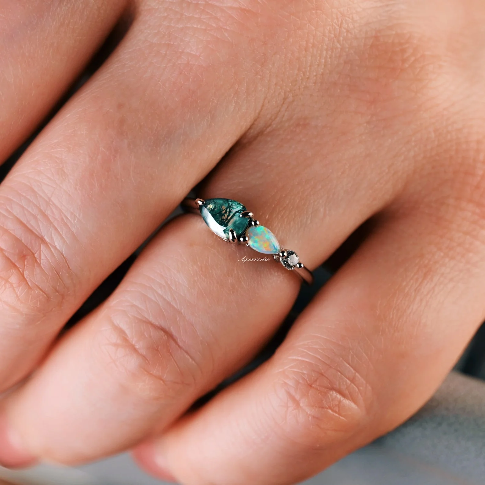 Green Moss Agate & Natural Australian Opal Ring in 14K Rose Gold Vermeil - Image 6