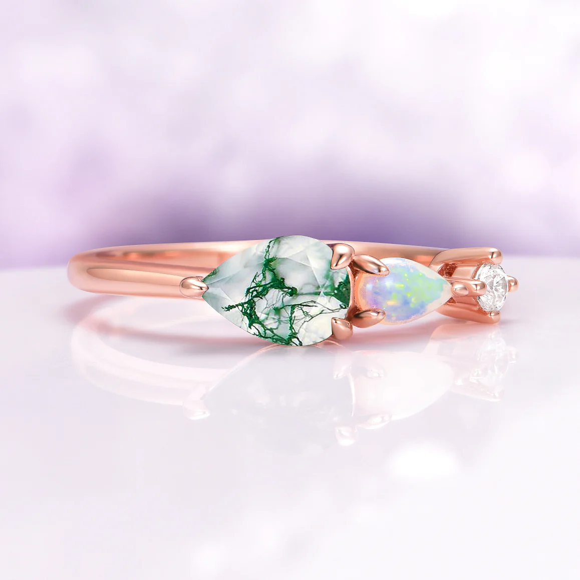 Green Moss Agate & Natural Australian Opal Ring in 14K Rose Gold Vermeil - Image 8