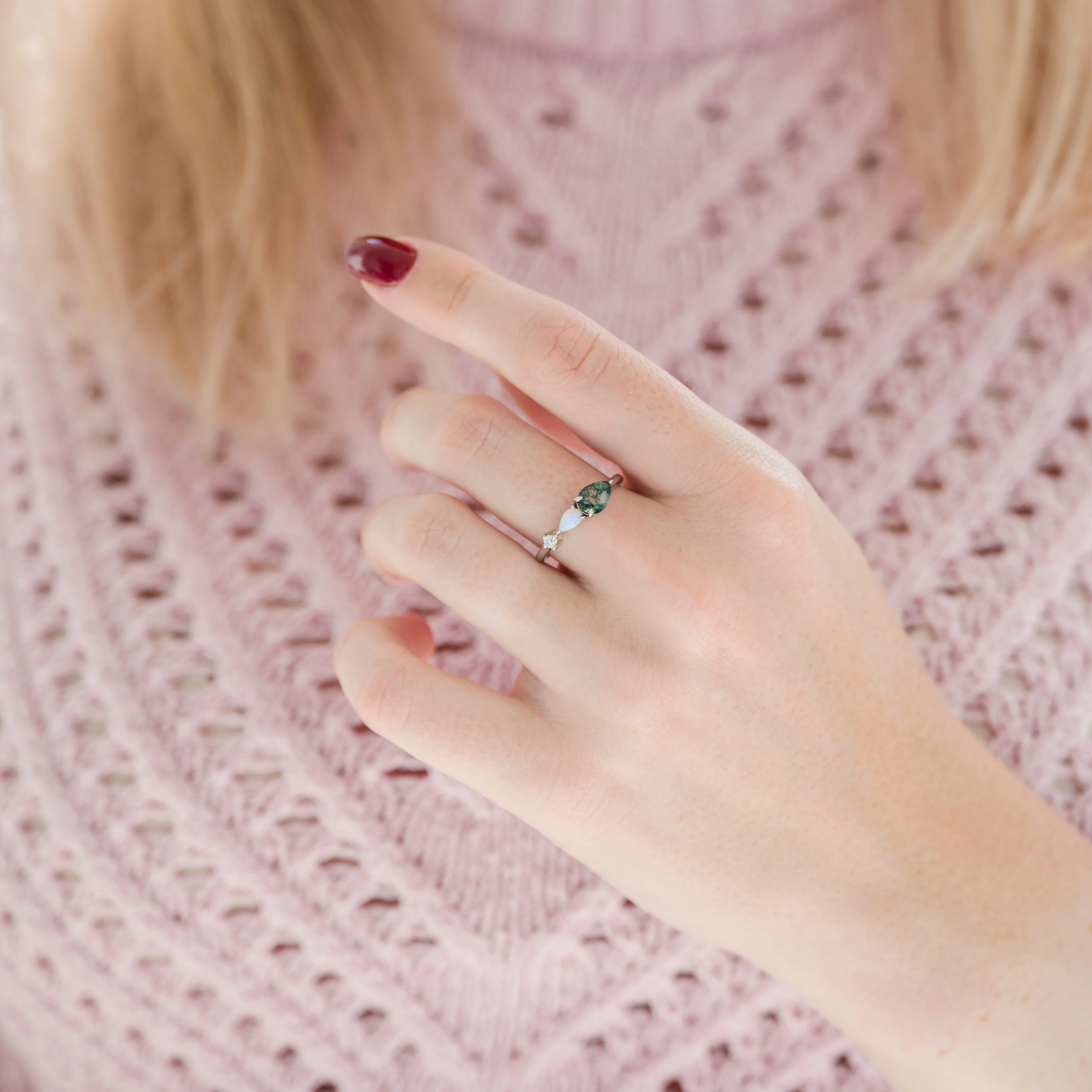 Green Moss Agate & Natural Australian Fire Opal Ring in Sterling Silver - Image 2