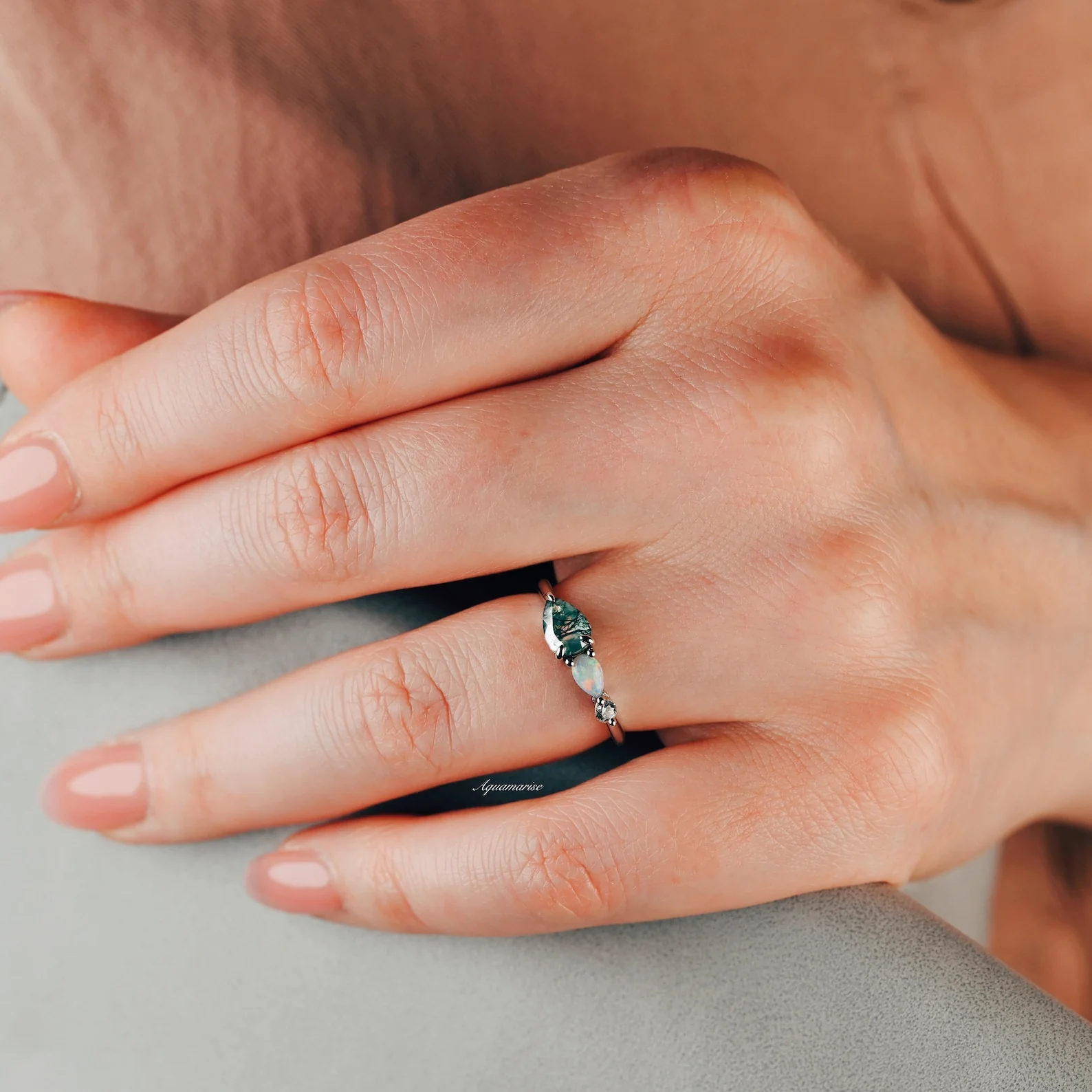 Green Moss Agate & Natural Australian Fire Opal Ring in Sterling Silver - Image 5