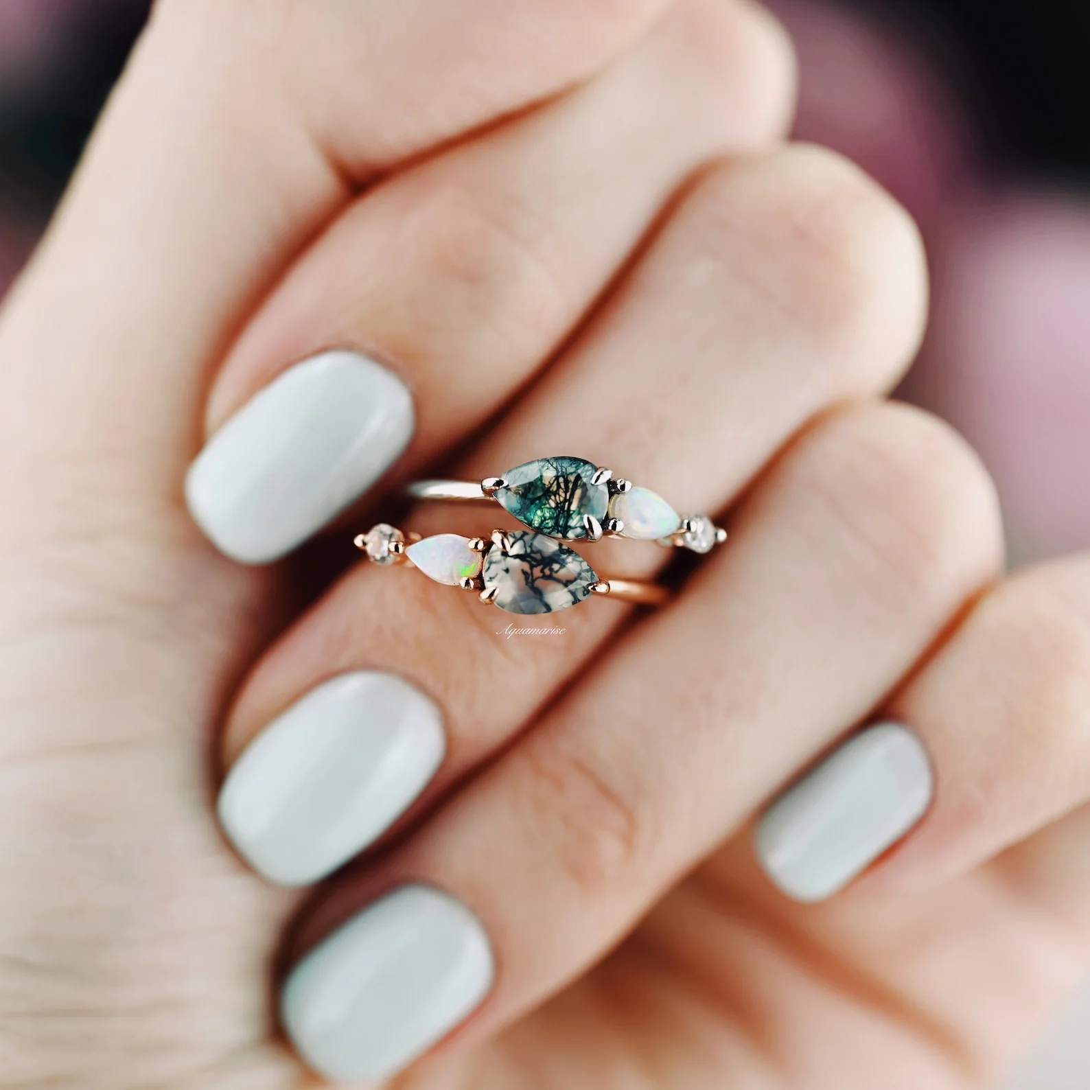 Green Moss Agate & Natural Australian Fire Opal Ring in Sterling Silver - Image 8