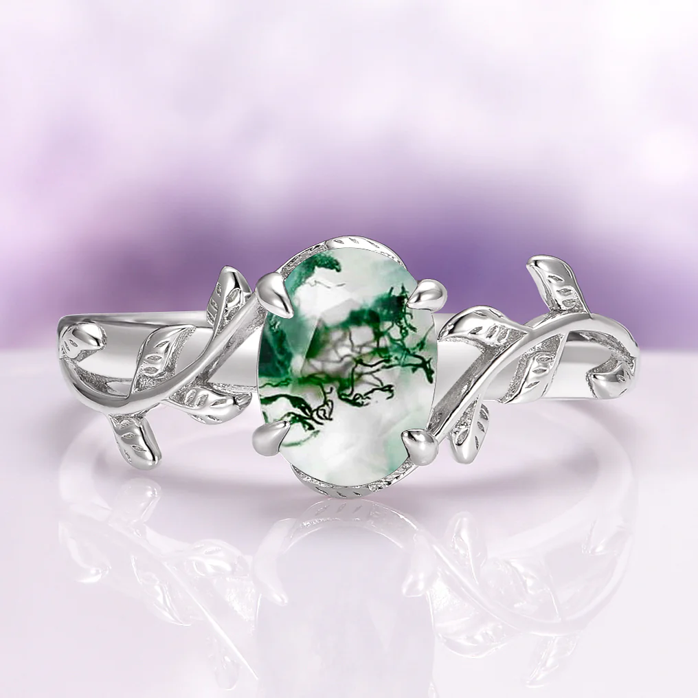 Natural Green Moss Agate Leaf Engagement Ring in 14K White Gold