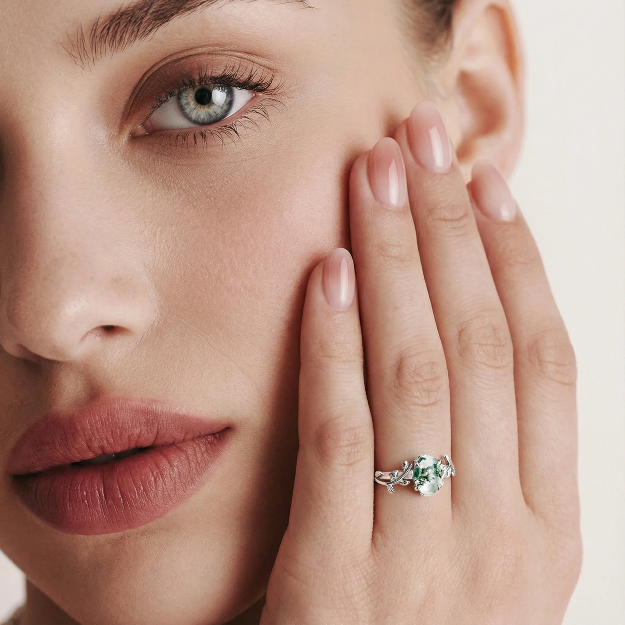 Natural Green Moss Agate Leaf Engagement Ring in 14K White Gold - Image 2