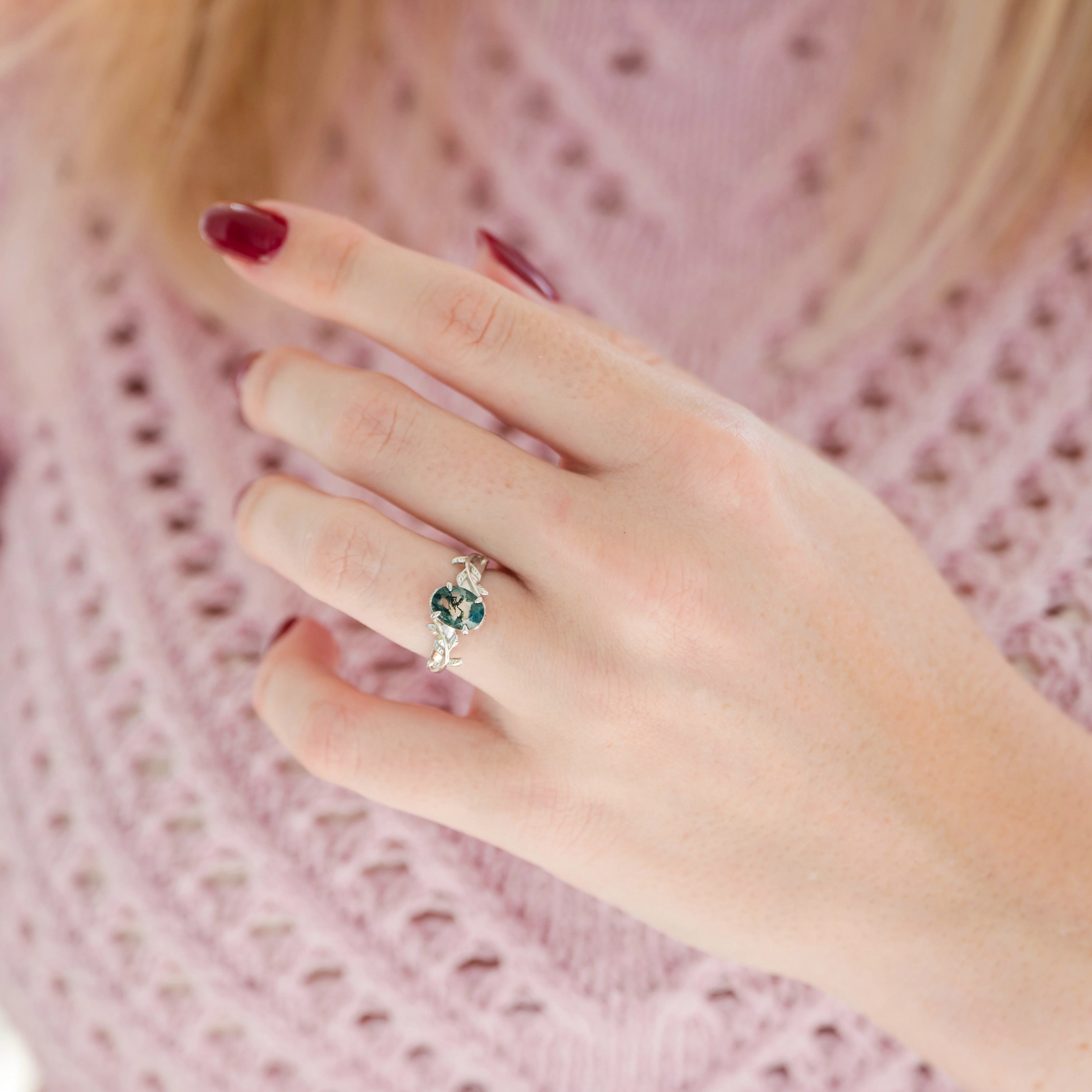 Natural Green Moss Agate Leaf Engagement Ring in 14K White Gold - Image 3