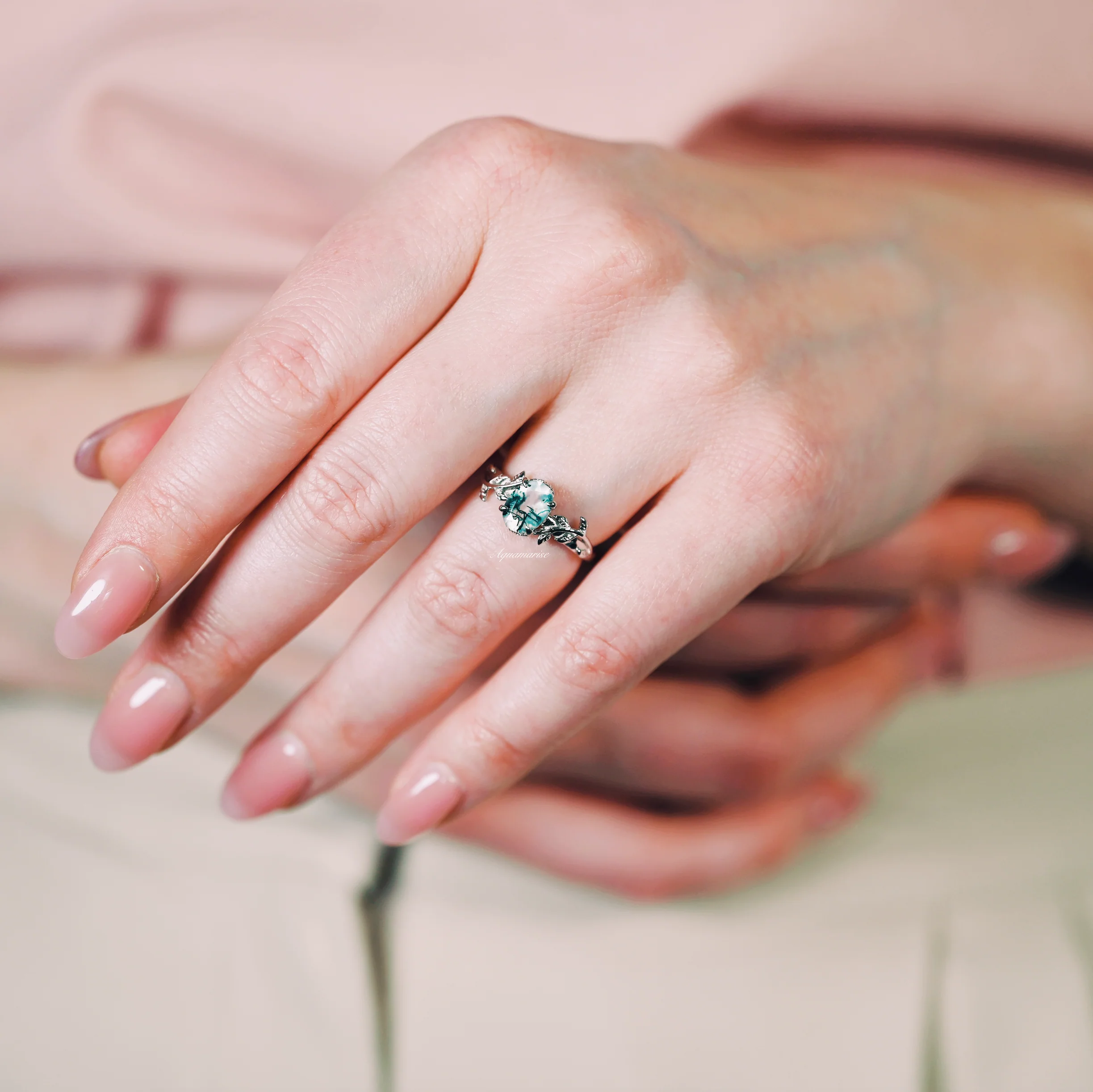 Natural Green Moss Agate Leaf Engagement Ring in 14K White Gold - Image 5