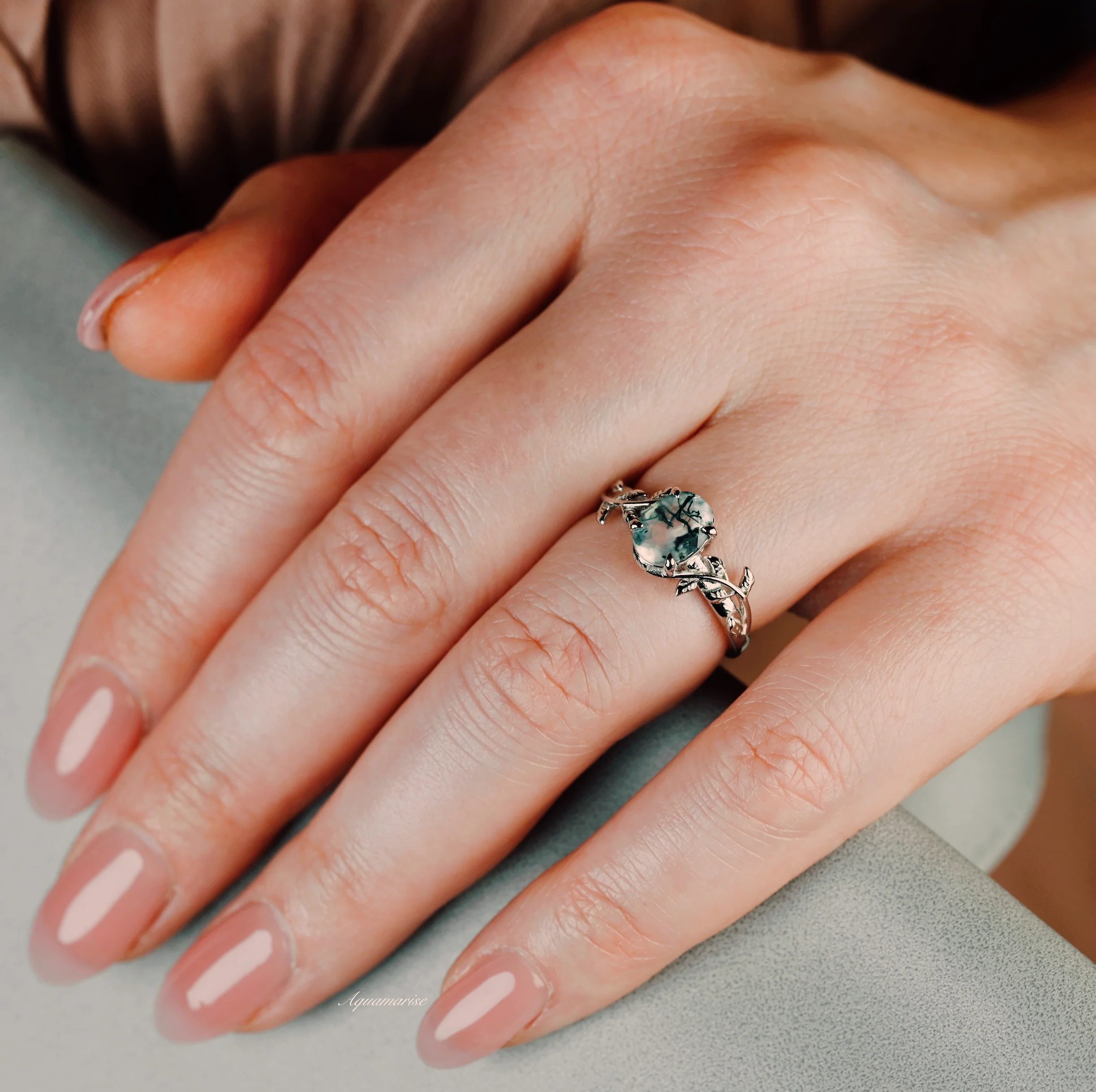 Natural Green Moss Agate Leaf Engagement Ring in 14K White Gold - Image 6