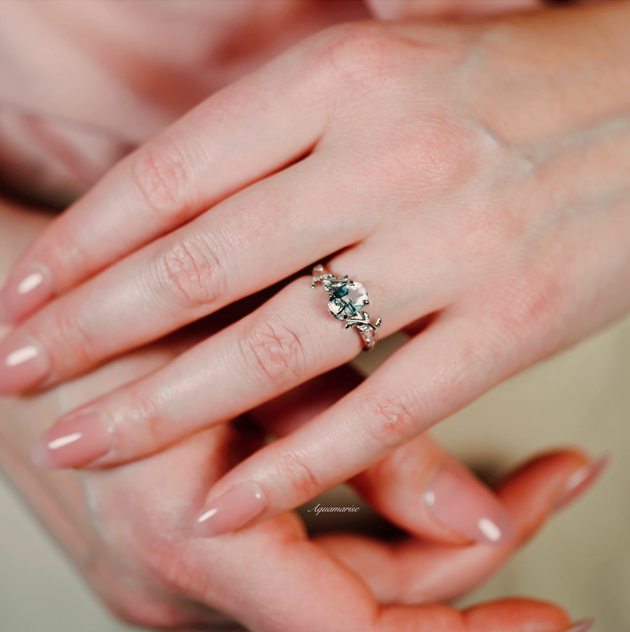 Natural Green Moss Agate Leaf Engagement Ring in 14K White Gold - Image 7