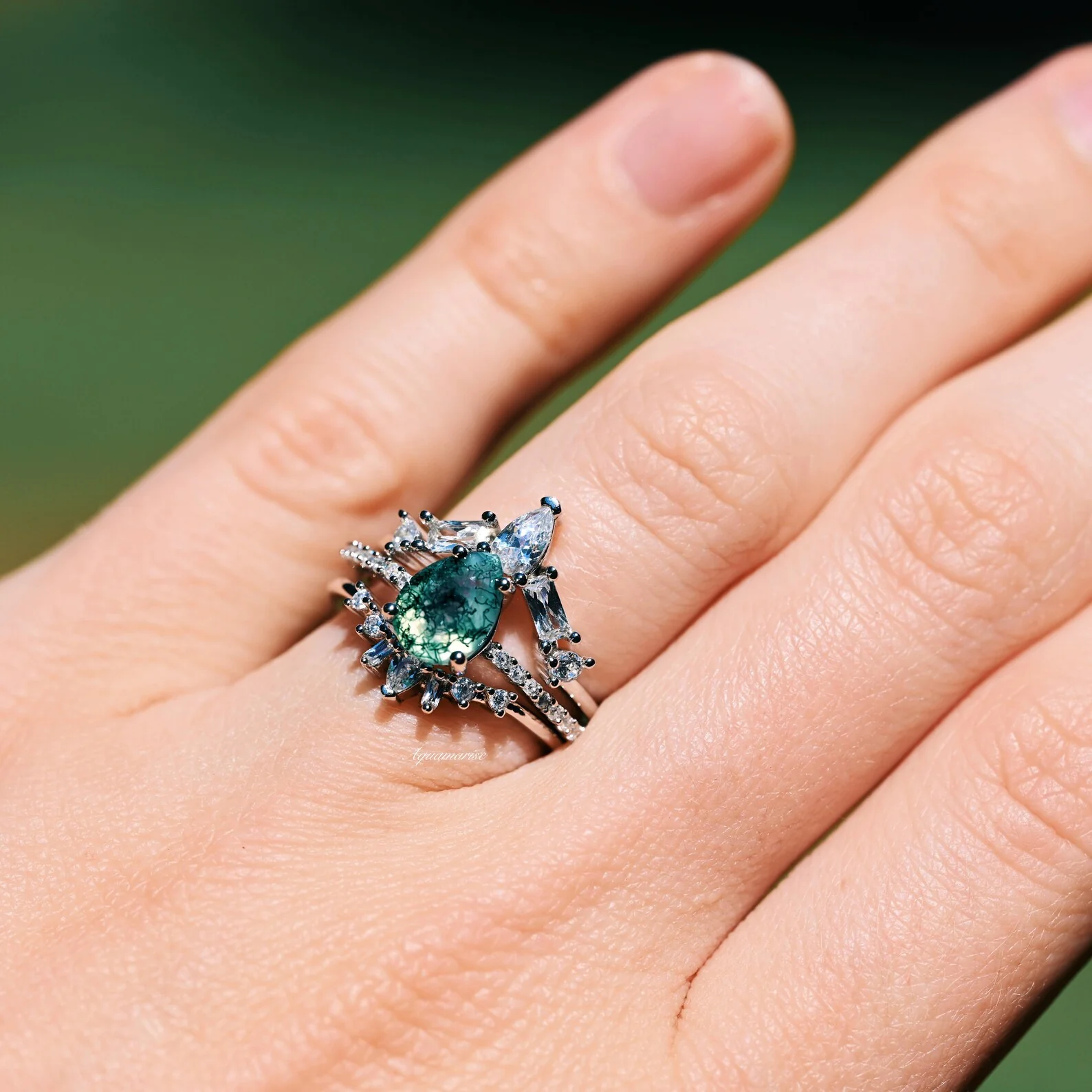 Natural Green Moss Agate 3pcs Ring Set- Sterling Silver - Image 3
