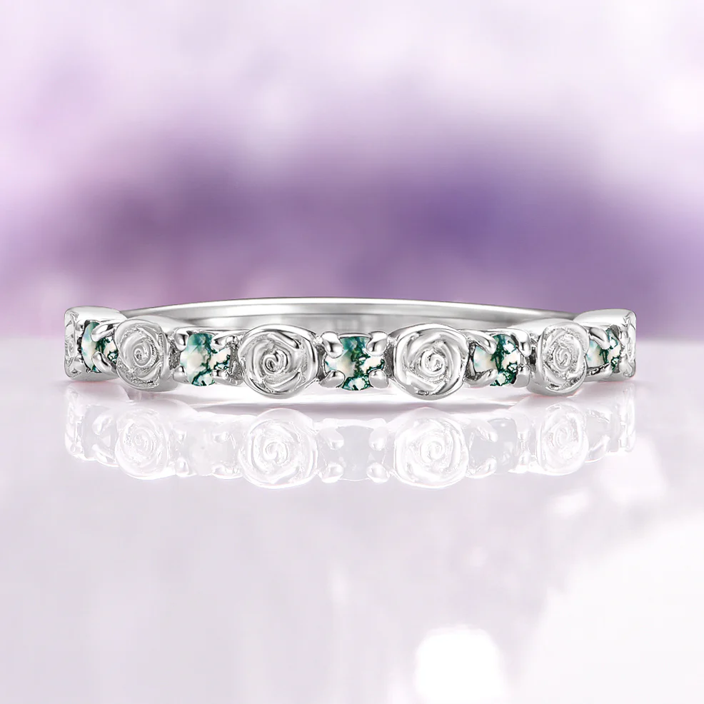 Green Moss Agate Flower Wedding Band in 14K White Gold