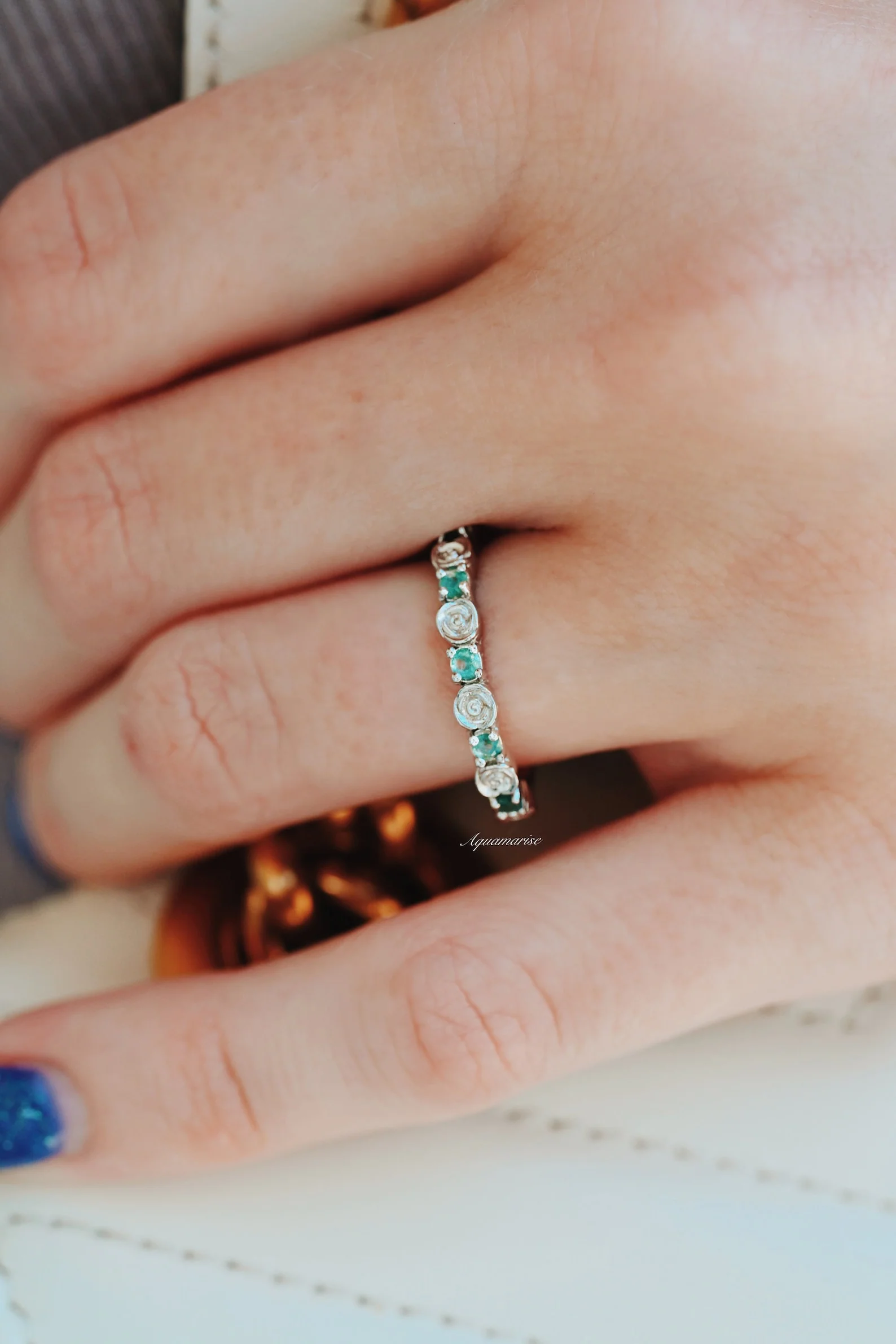 Green Moss Agate Flower Wedding Band in 14K White Gold - Image 2