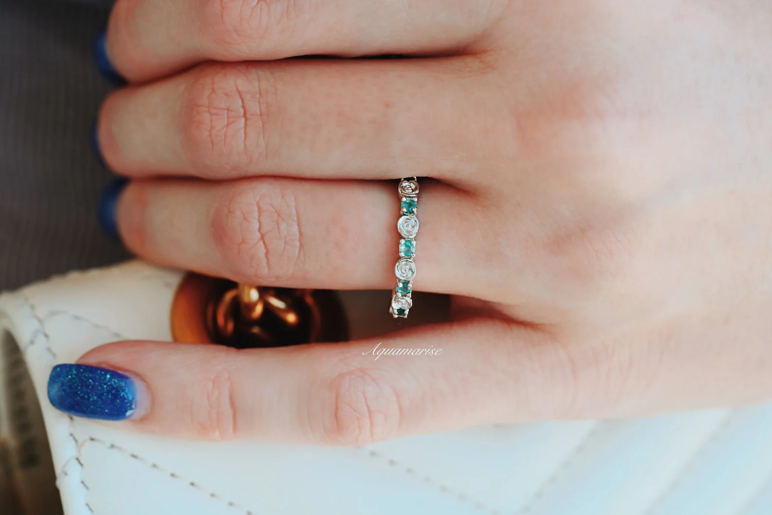 Green Moss Agate Flower Wedding Band in 14K White Gold - Image 3