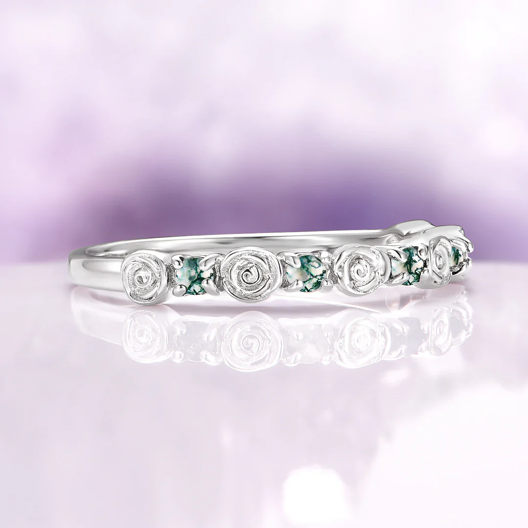 Green Moss Agate Flower Wedding Band in 14K White Gold - Image 5