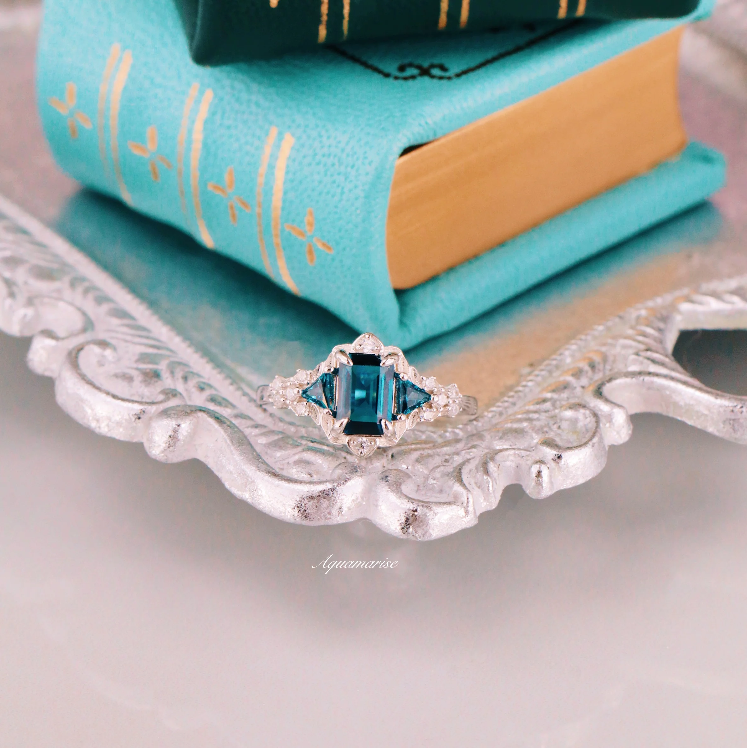 London Blue Topaz Leaf Engagement Ring in Sterling Silver - Image 2