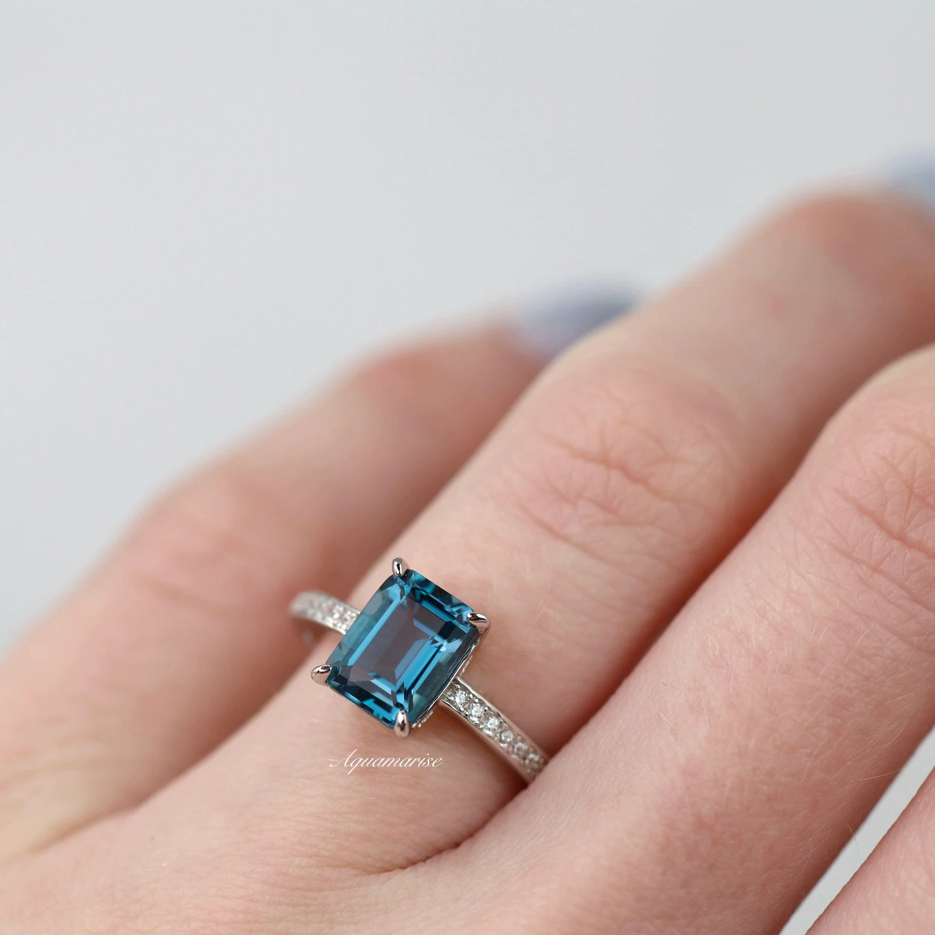 Emerald Cut Natural London Blue Topaz Ring in Sterling Silver - Image 3