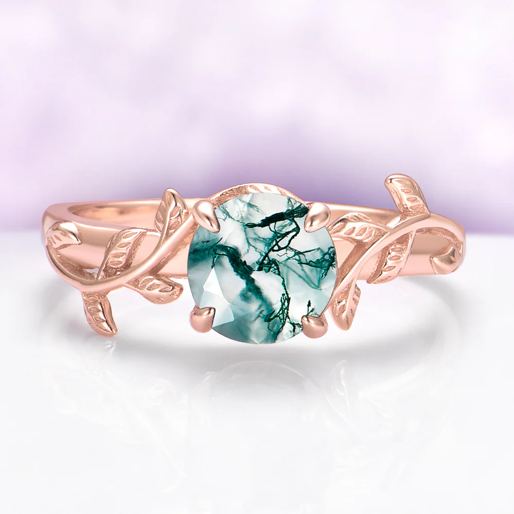 Moss Agate Leaf Ring in 14K Rose Gold Vermeil
