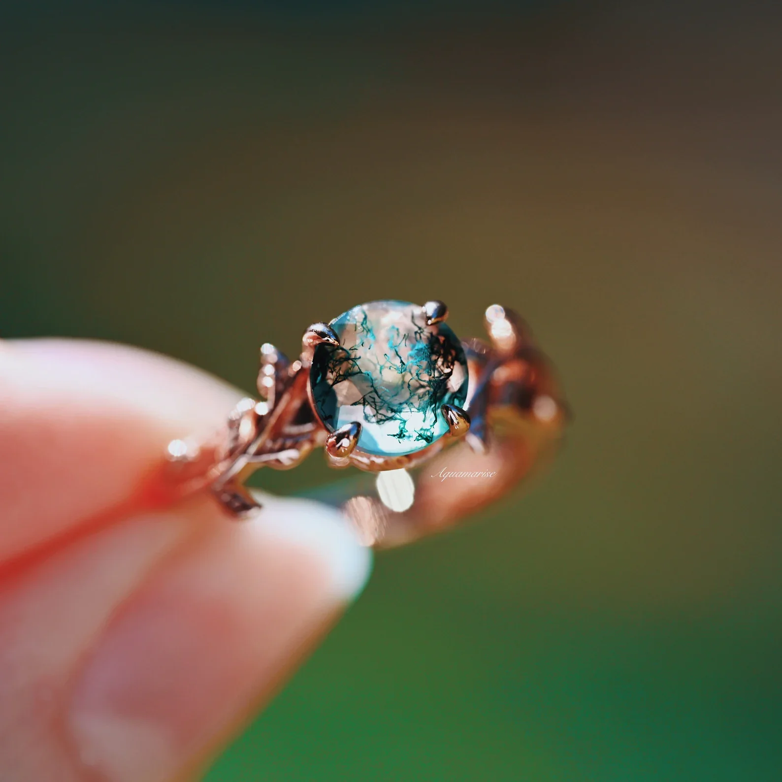Moss Agate Leaf Ring in 14K Rose Gold Vermeil - Image 2